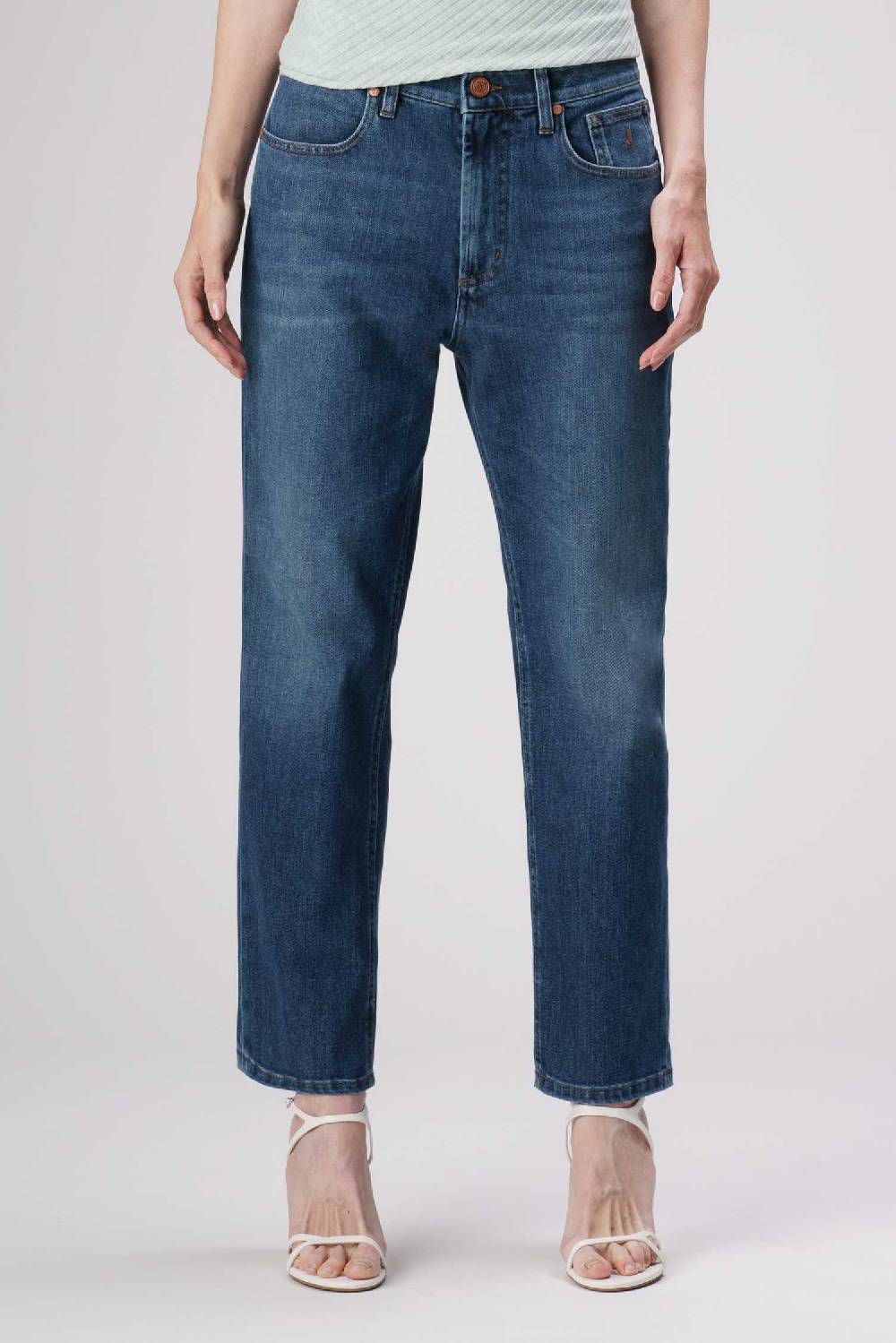 Jeckerson Julia - Pantalone 5 tasche boyfriend in denim tri-blend blu scuro Vendita Calda