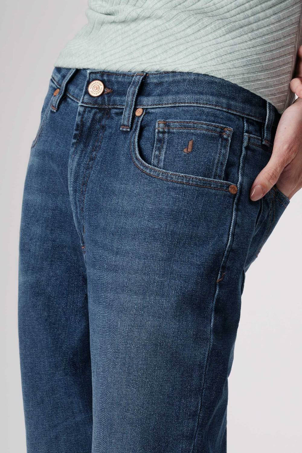 Jeckerson Julia - Pantalone 5 tasche boyfriend in denim tri-blend blu scuro Vendita Calda