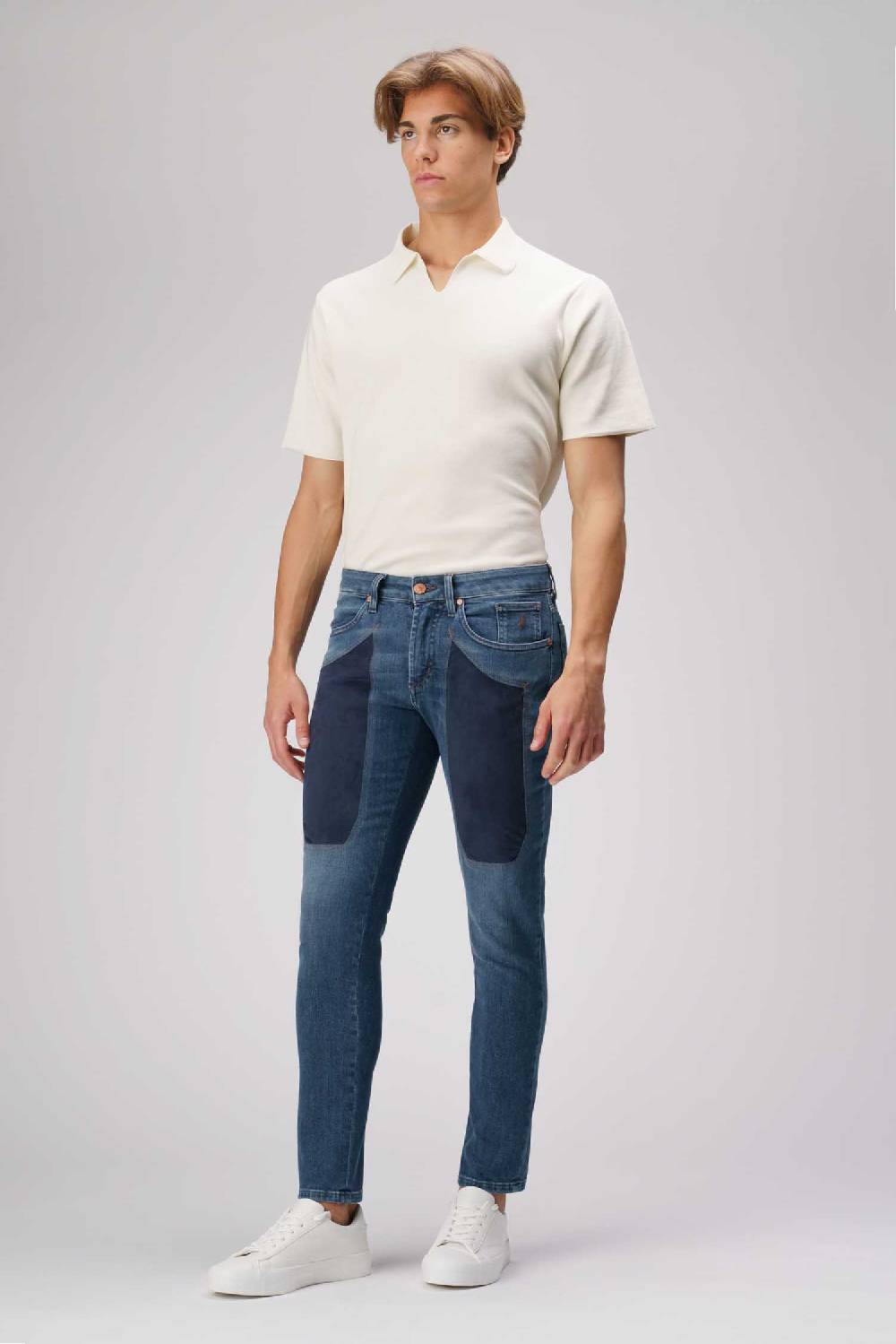 Jeckerson James - Pantalone 5 tasche con toppa in comfort denim blu scuro