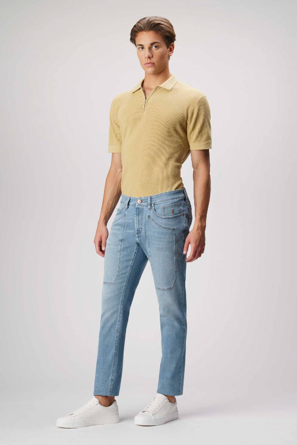 Jeckerson John - Pantalone con toppa in denim tri-blend blu medio chiaro no rotture Prezzo Ridotto