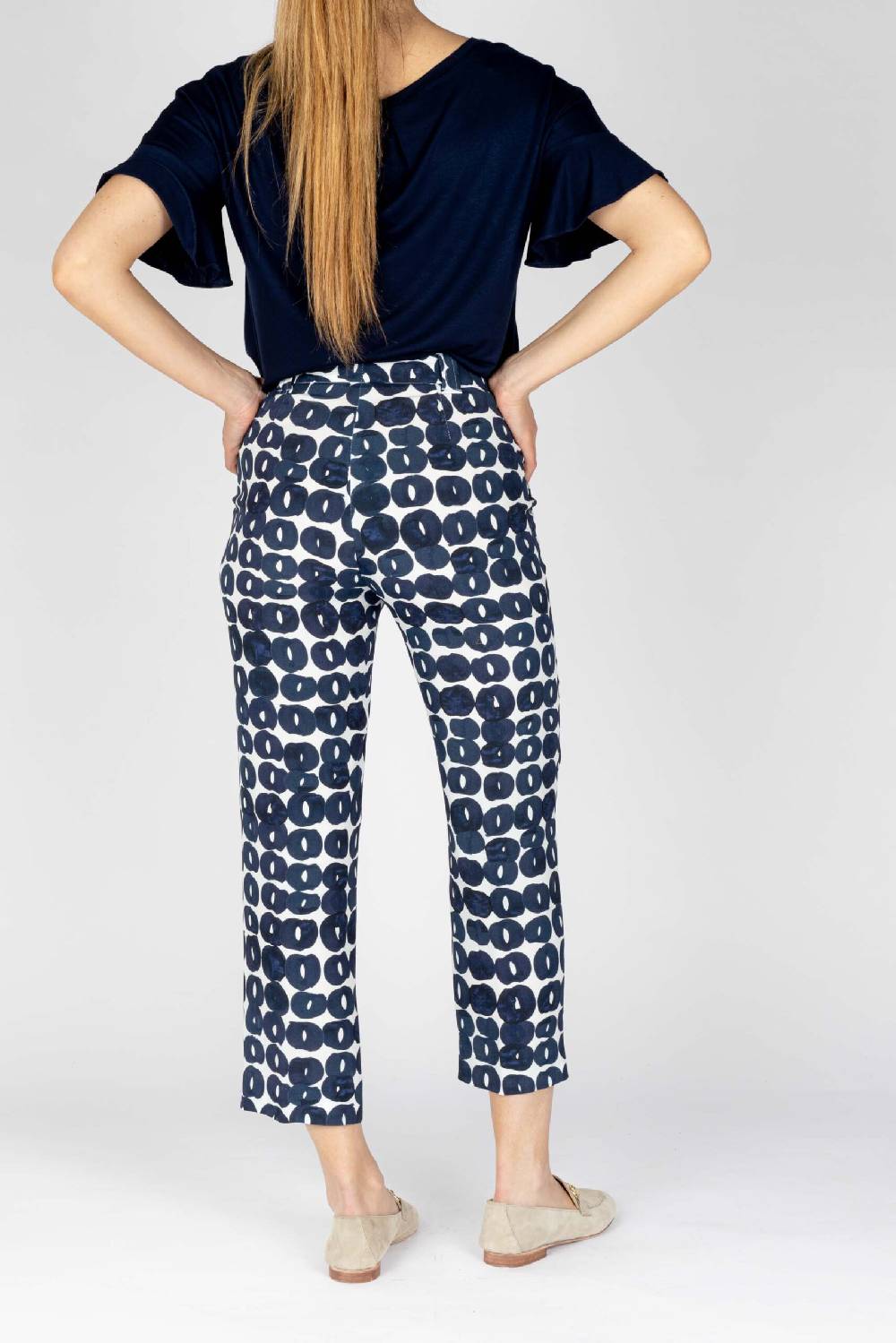 L.Pucci Pantaloni colore blu gamba larga tessuto viscosa stampa cerchio Nuova