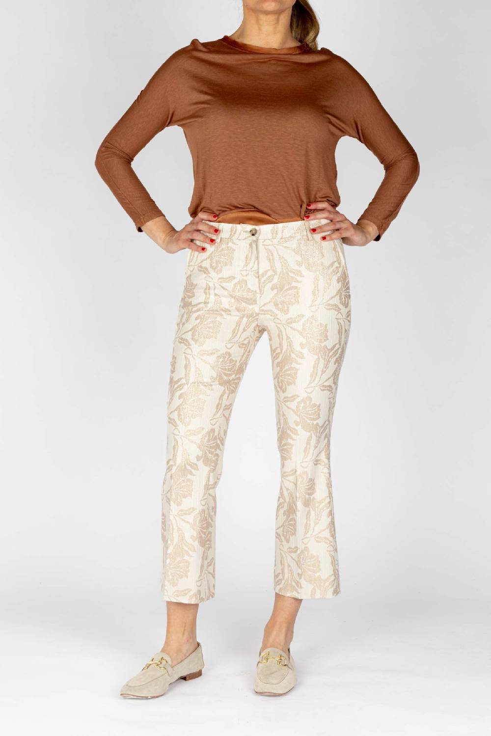 L.Pucci Pantaloni disegno fiore colore beige, linea zampetta tessuto jacquard lurex Spedizione Gratuita