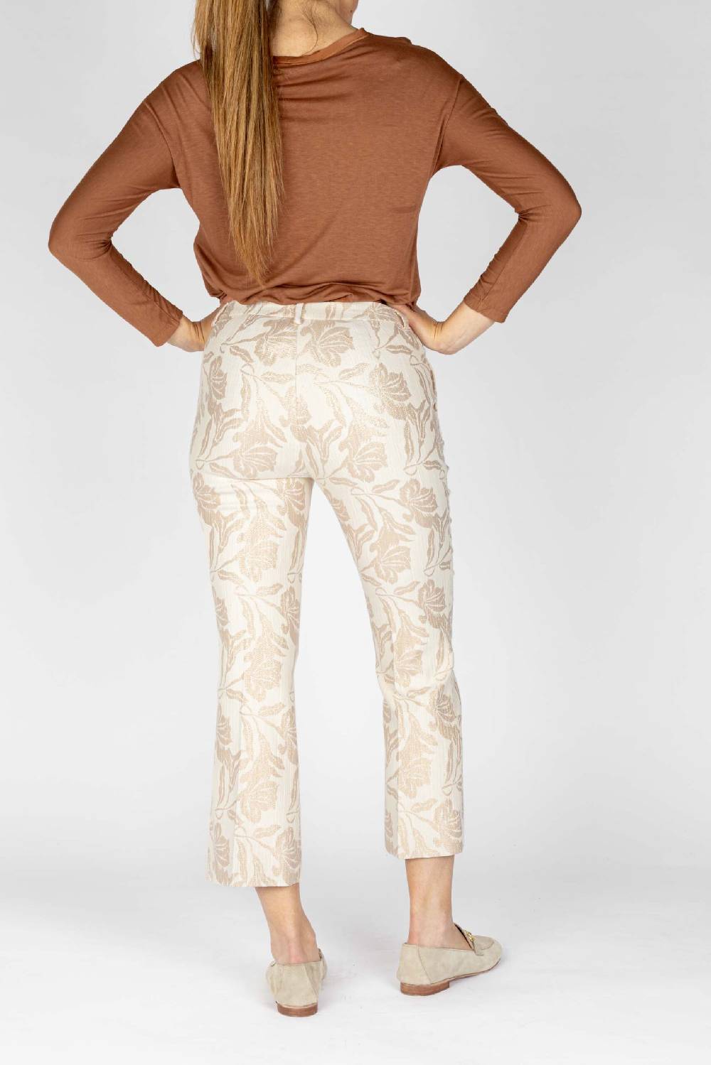 L.Pucci Pantaloni disegno fiore colore beige, linea zampetta tessuto jacquard lurex Spedizione Gratuita