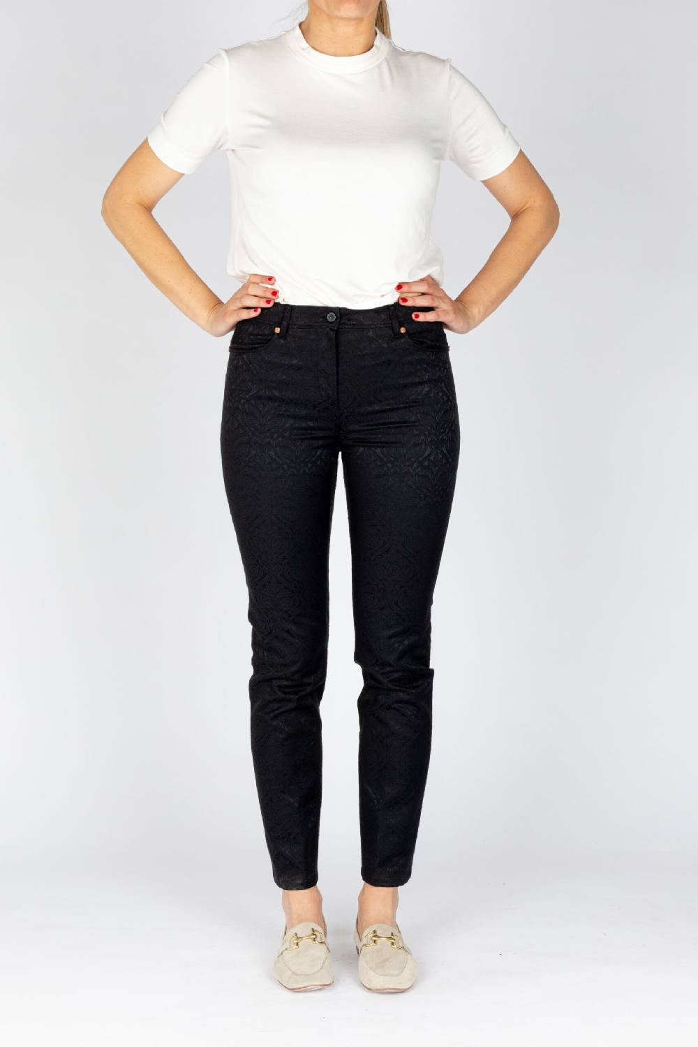 L.Pucci Pantaloni disegno fiore colore nero, linea Jeans tessuto jacquard Pezzi Unici