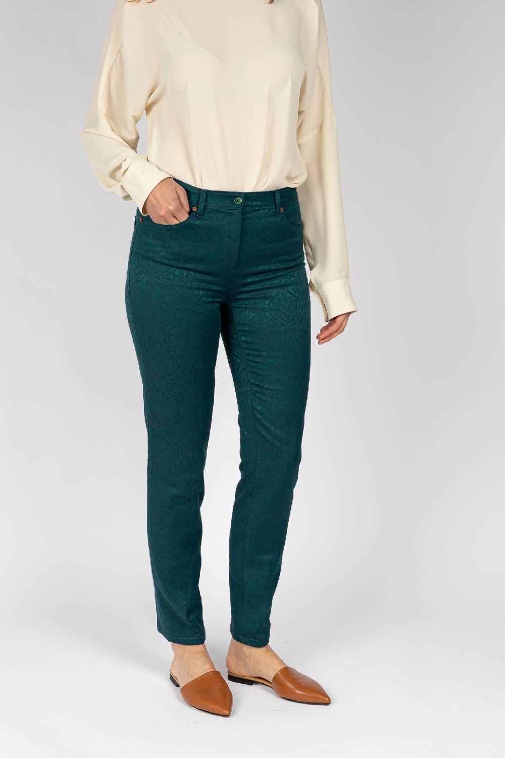 L.Pucci Pantaloni disegno fiore colore verde, linea Jeans tessuto jacquard Soddisfazione Garantita