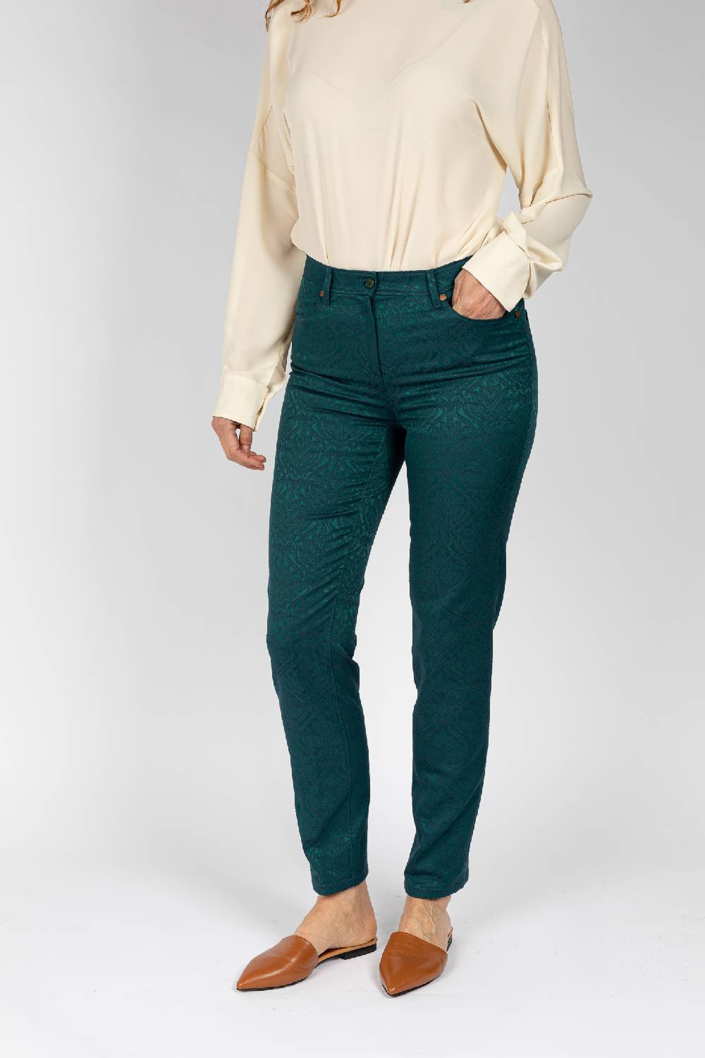 L.Pucci Pantaloni disegno fiore colore verde, linea Jeans tessuto jacquard Soddisfazione Garantita
