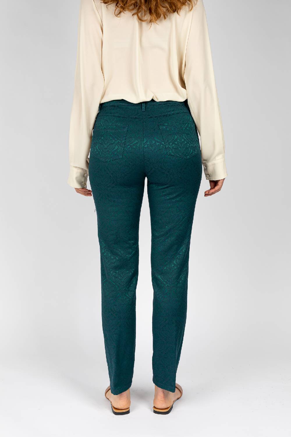 L.Pucci Pantaloni disegno fiore colore verde, linea Jeans tessuto jacquard Soddisfazione Garantita