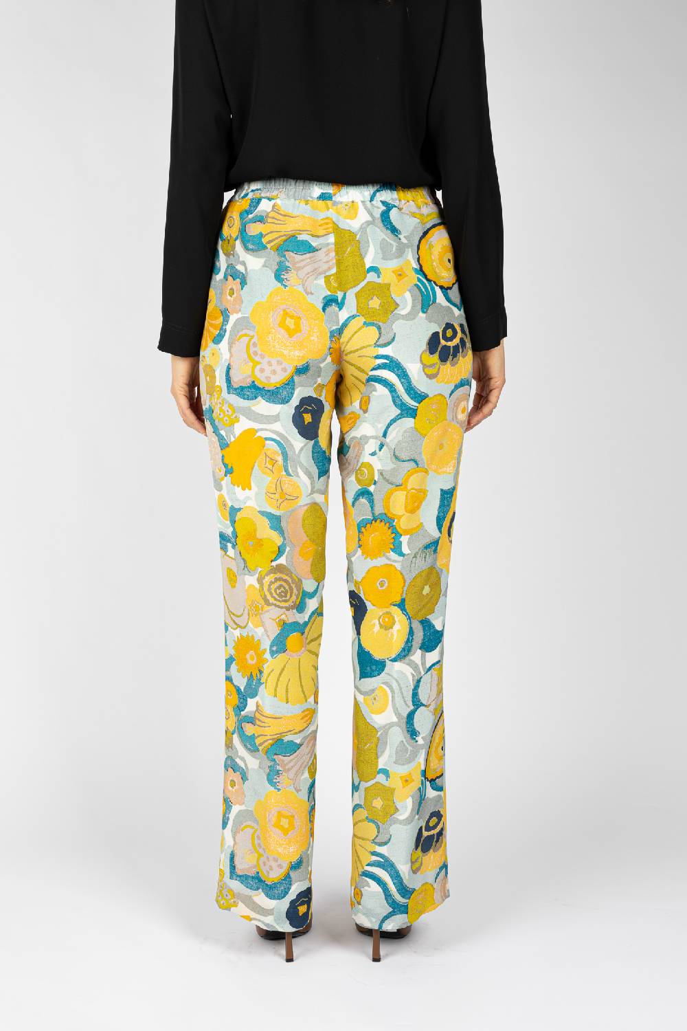 L.Pucci Pantaloni stampati disegno fiori sul giallo linea morbida da donna Nuovo