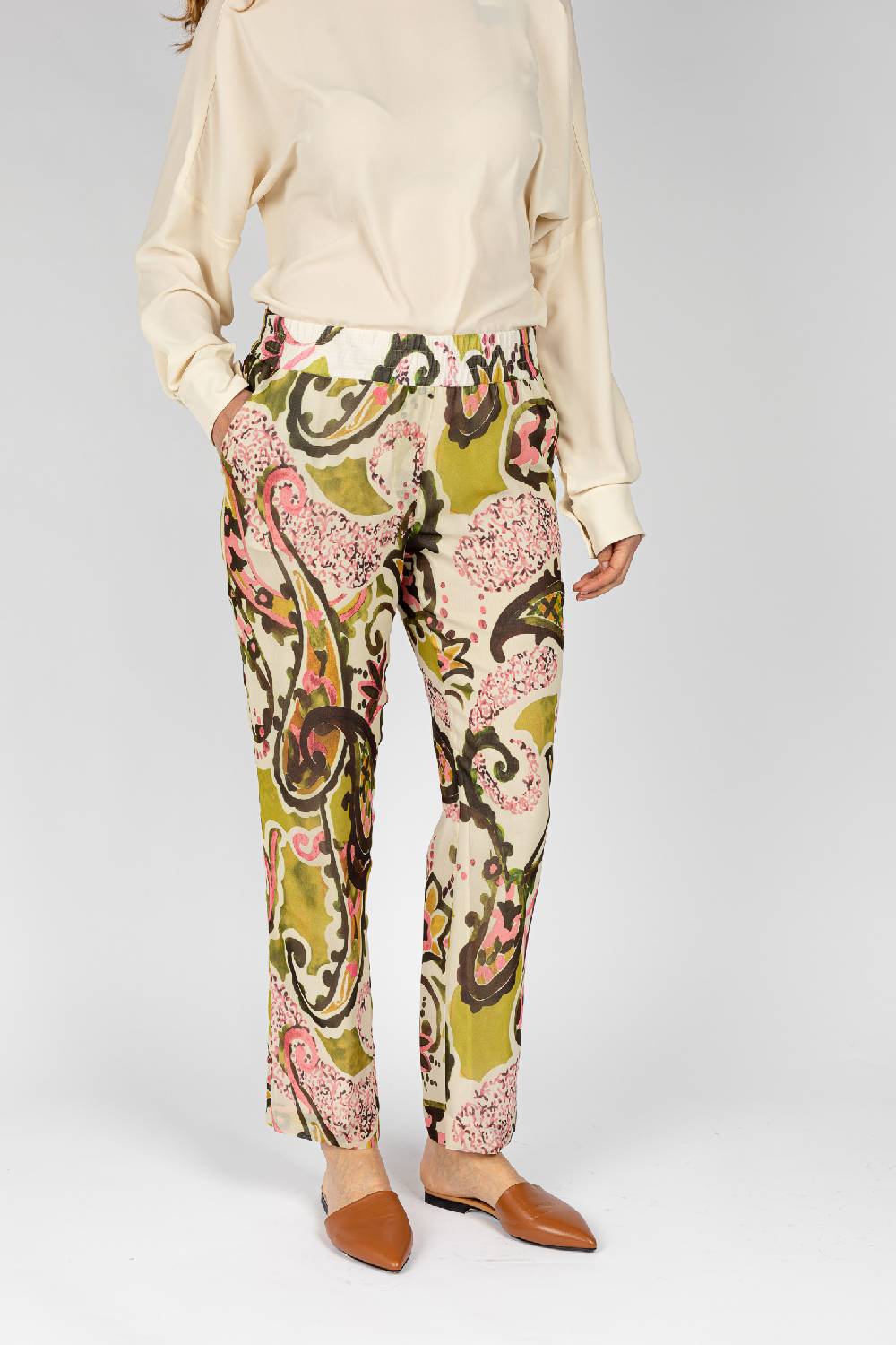 L.Pucci Pantaloni stampati disegni cachemire beige verdi linea morbida da donna Qualità