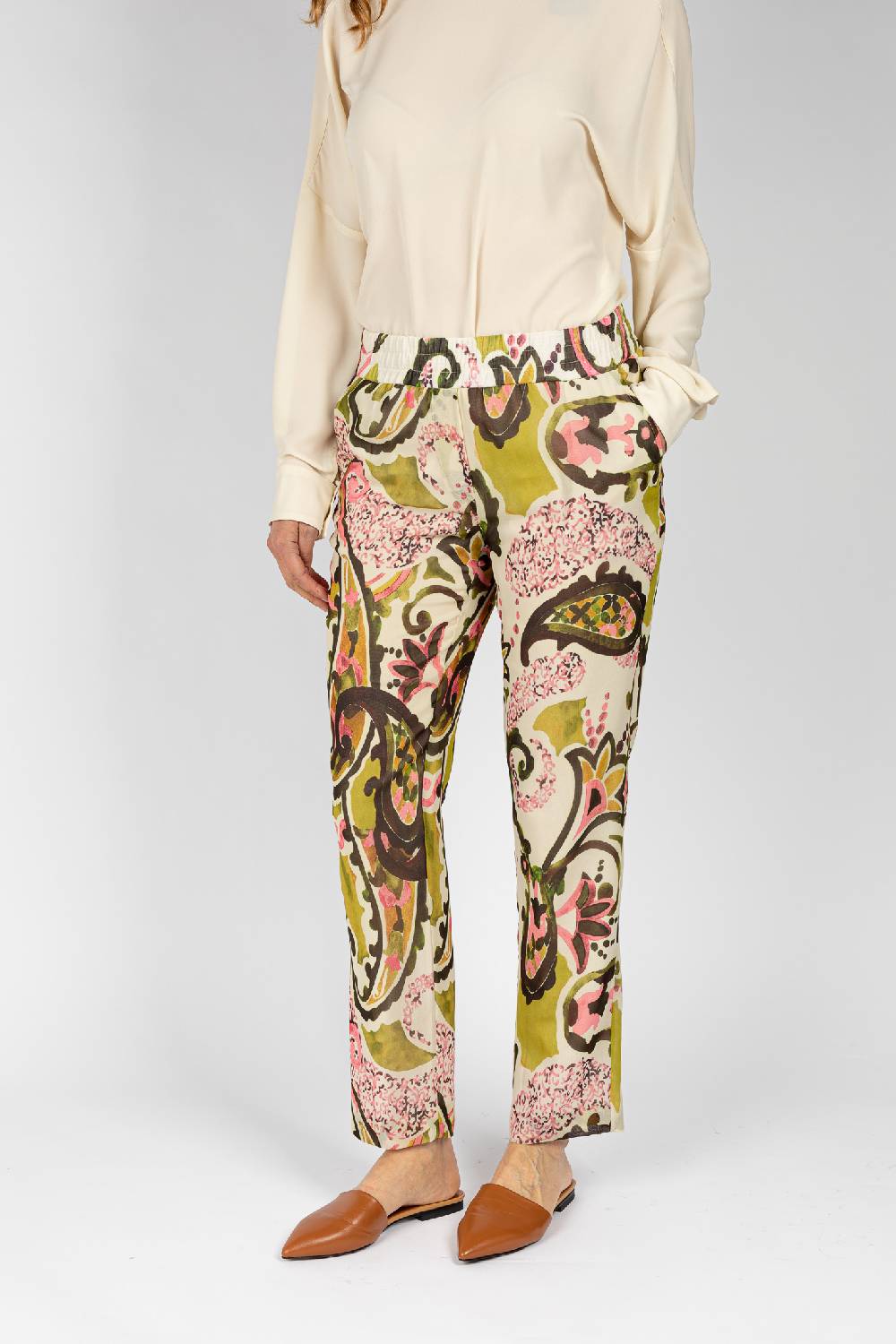 L.Pucci Pantaloni stampati disegni cachemire beige verdi linea morbida da donna Qualità