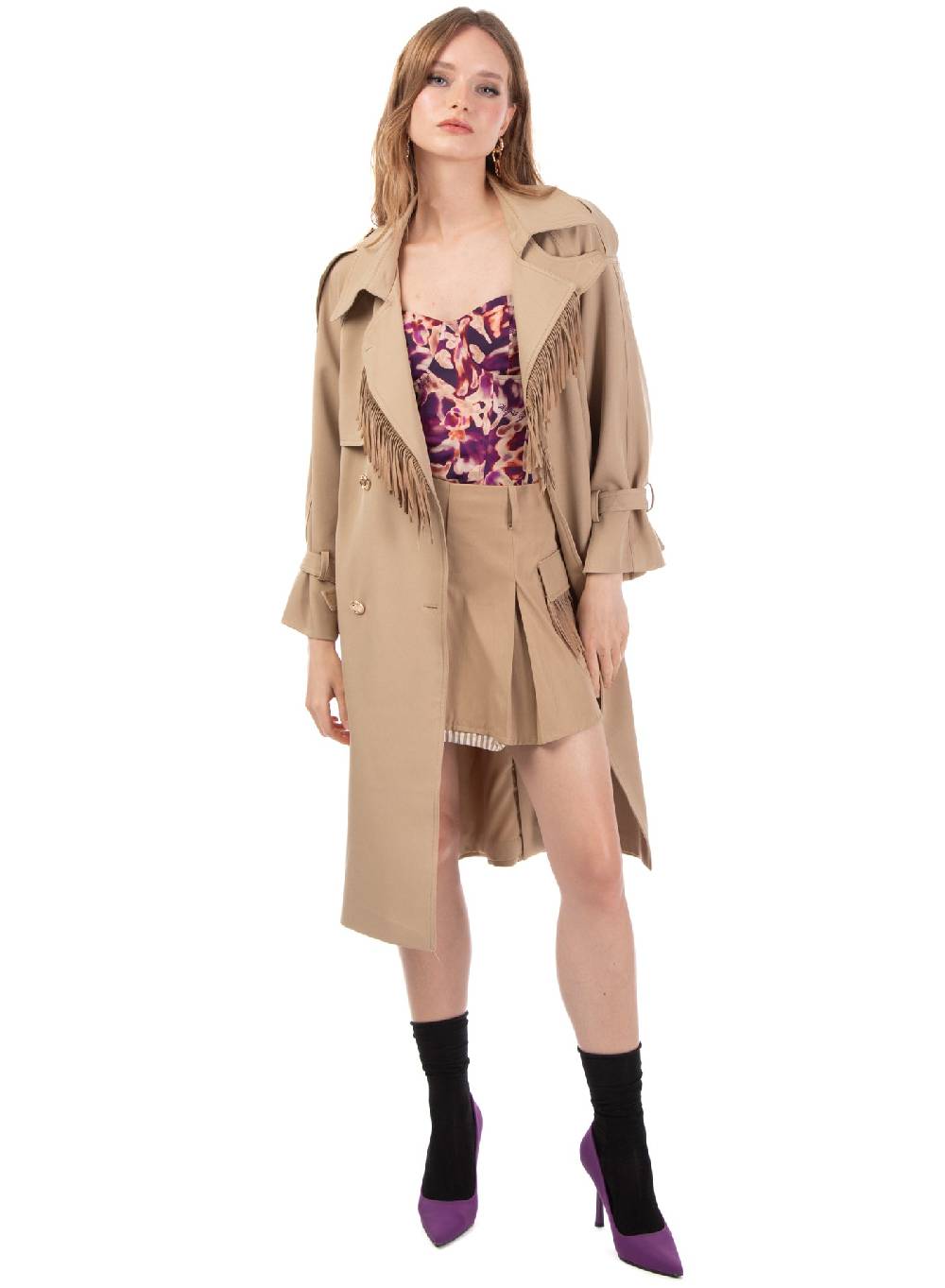 ﻿Le Volière Trench beige con frange in suede Online
