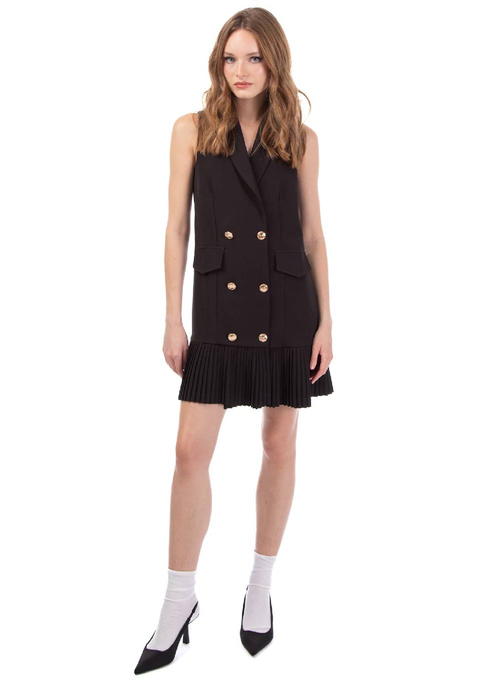 Le Volière Vestito blazer smanicato beige o nero con plissè Saldi
