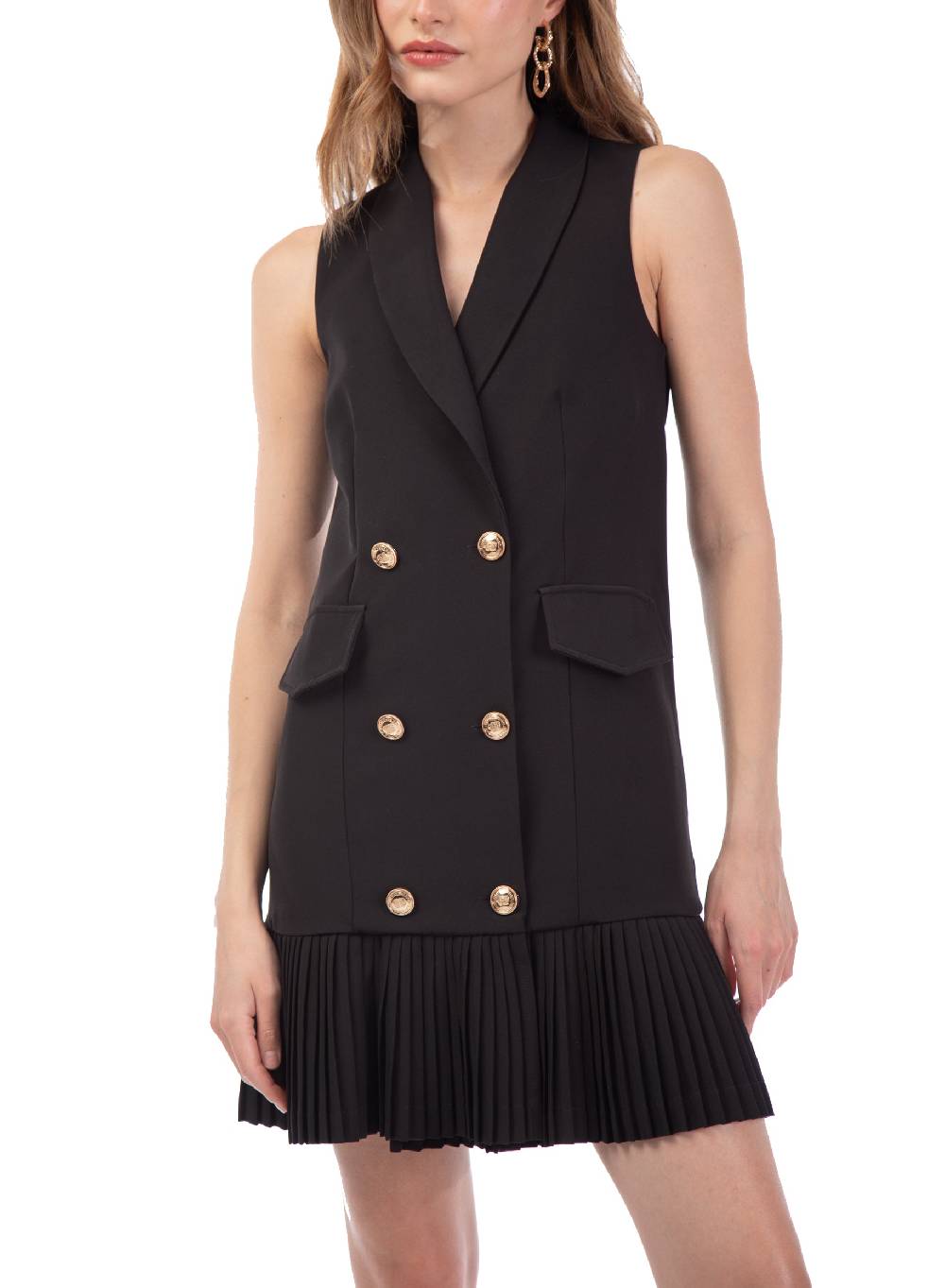 Le Volière Vestito blazer smanicato beige o nero con plissè Saldi