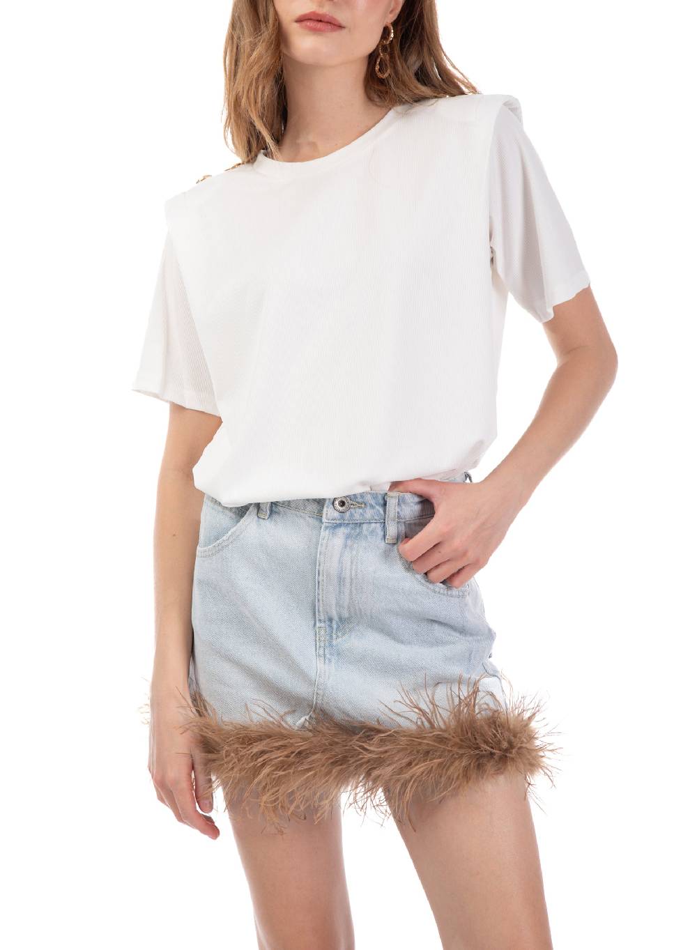 Le Volière Gonna in denim con piume beige In Saldo