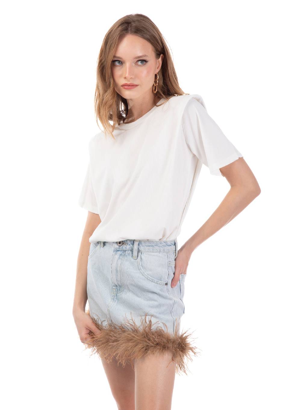 Le Volière Gonna in denim con piume beige In Saldo