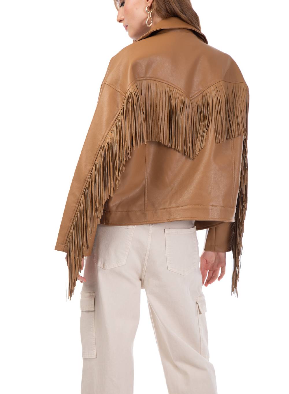 Le Volière Giacca oversize con frange in ecopelle beige Moda