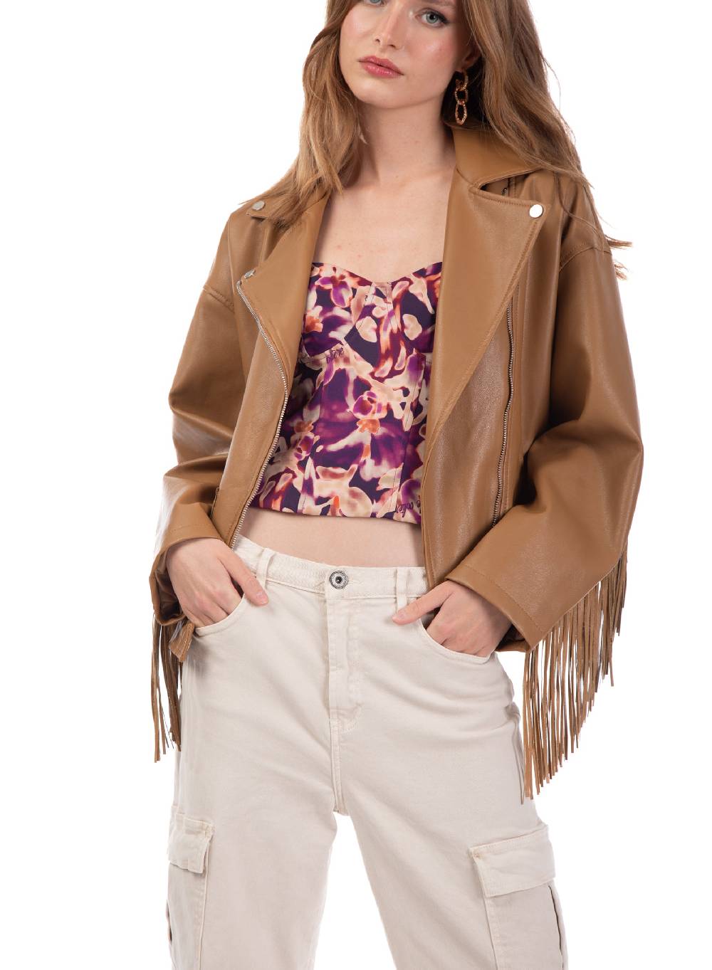 Le Volière Giacca oversize con frange in ecopelle beige Moda