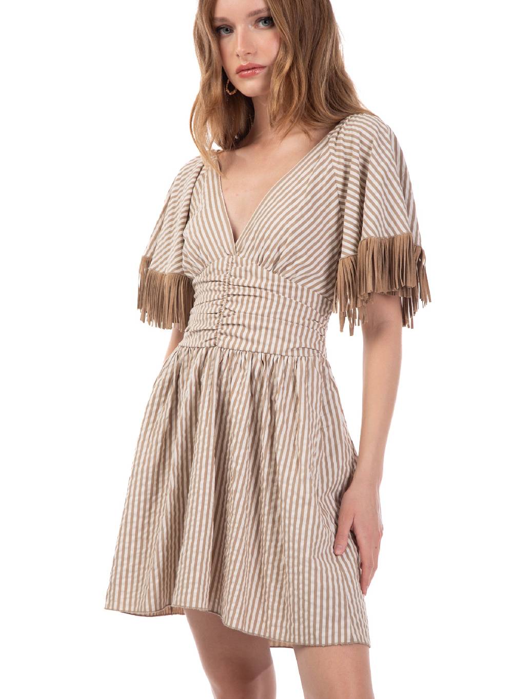 Le Volière Vestito bacchettato beige con frange 2025