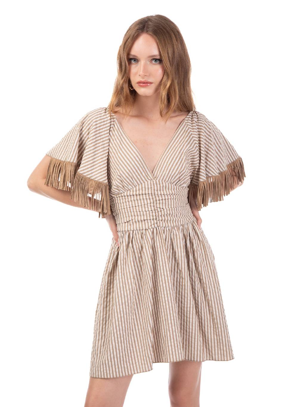 Le Volière Vestito bacchettato beige con frange 2025