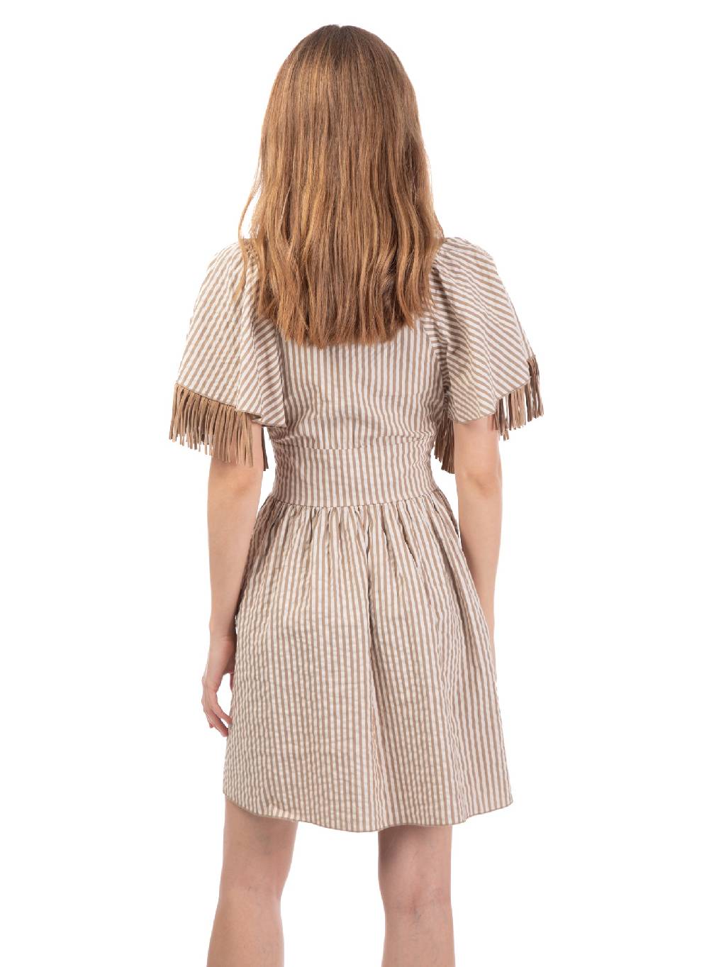 Le Volière Vestito bacchettato beige con frange 2025