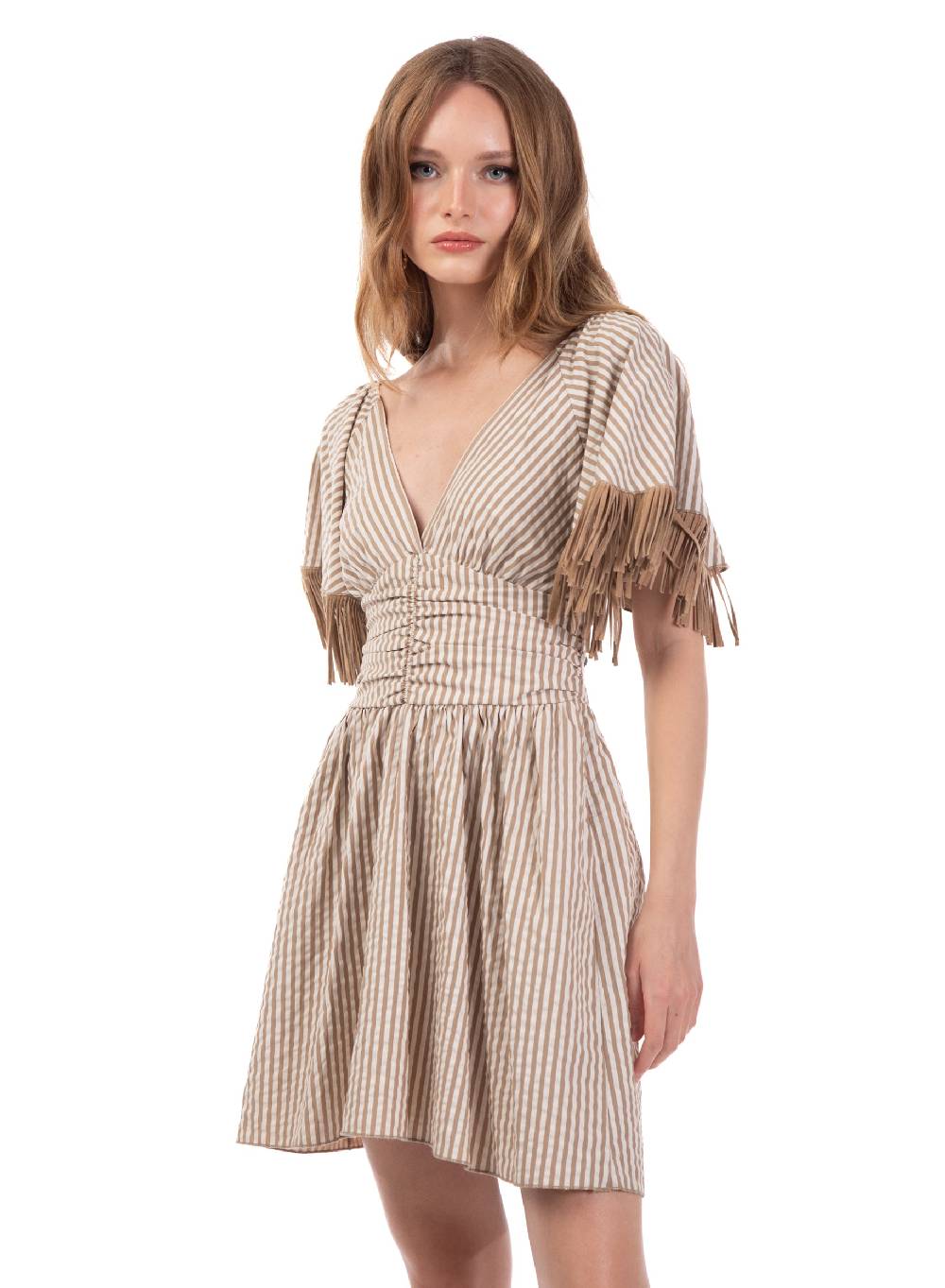 Le Volière Vestito bacchettato beige con frange 2025