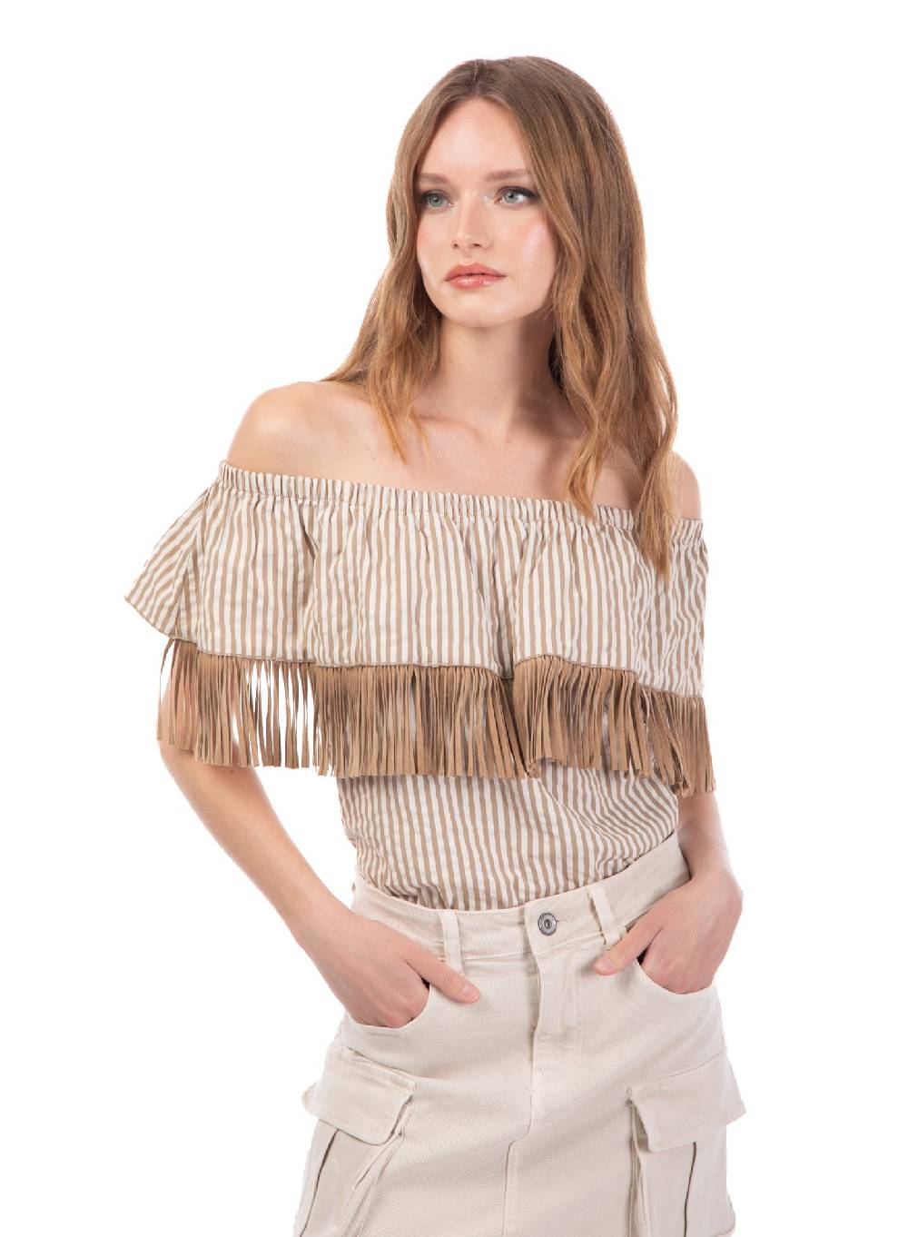 Le Volière Top bacchettato beige con frange Italia
