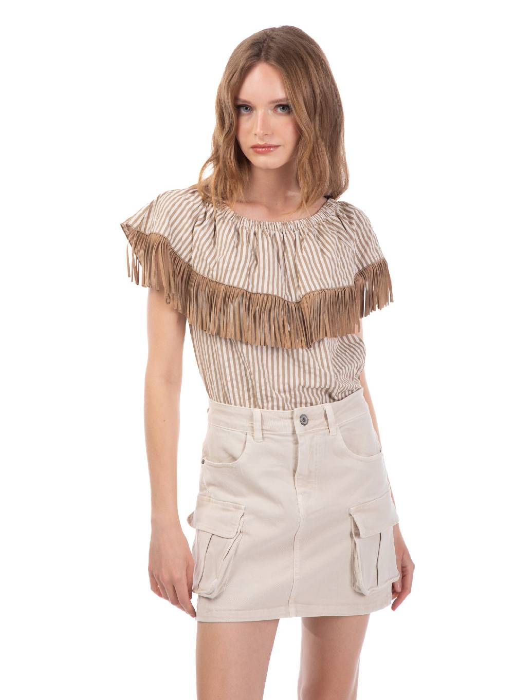 Le Volière Top bacchettato beige con frange Italia