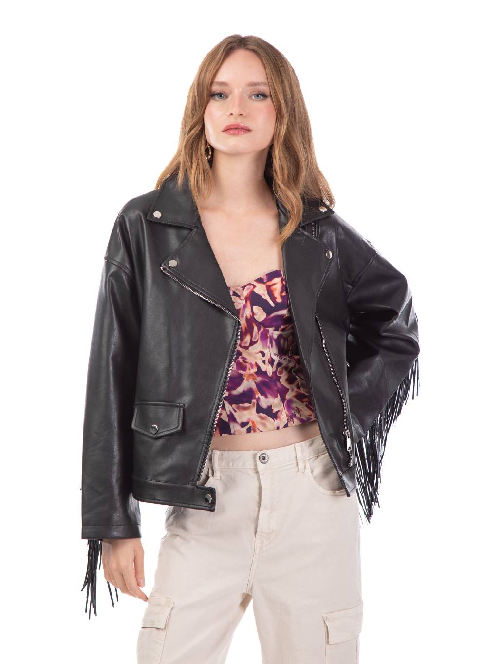 Le Volière Giacca oversize in ecopelle nera con frange In Linea