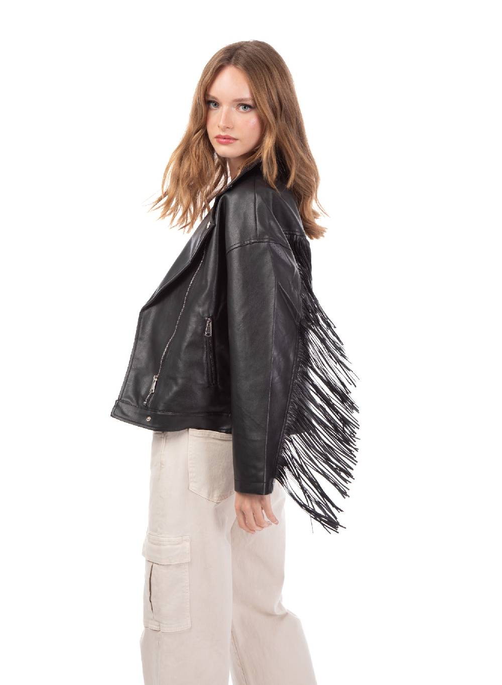 Le Volière Giacca oversize in ecopelle nera con frange In Linea
