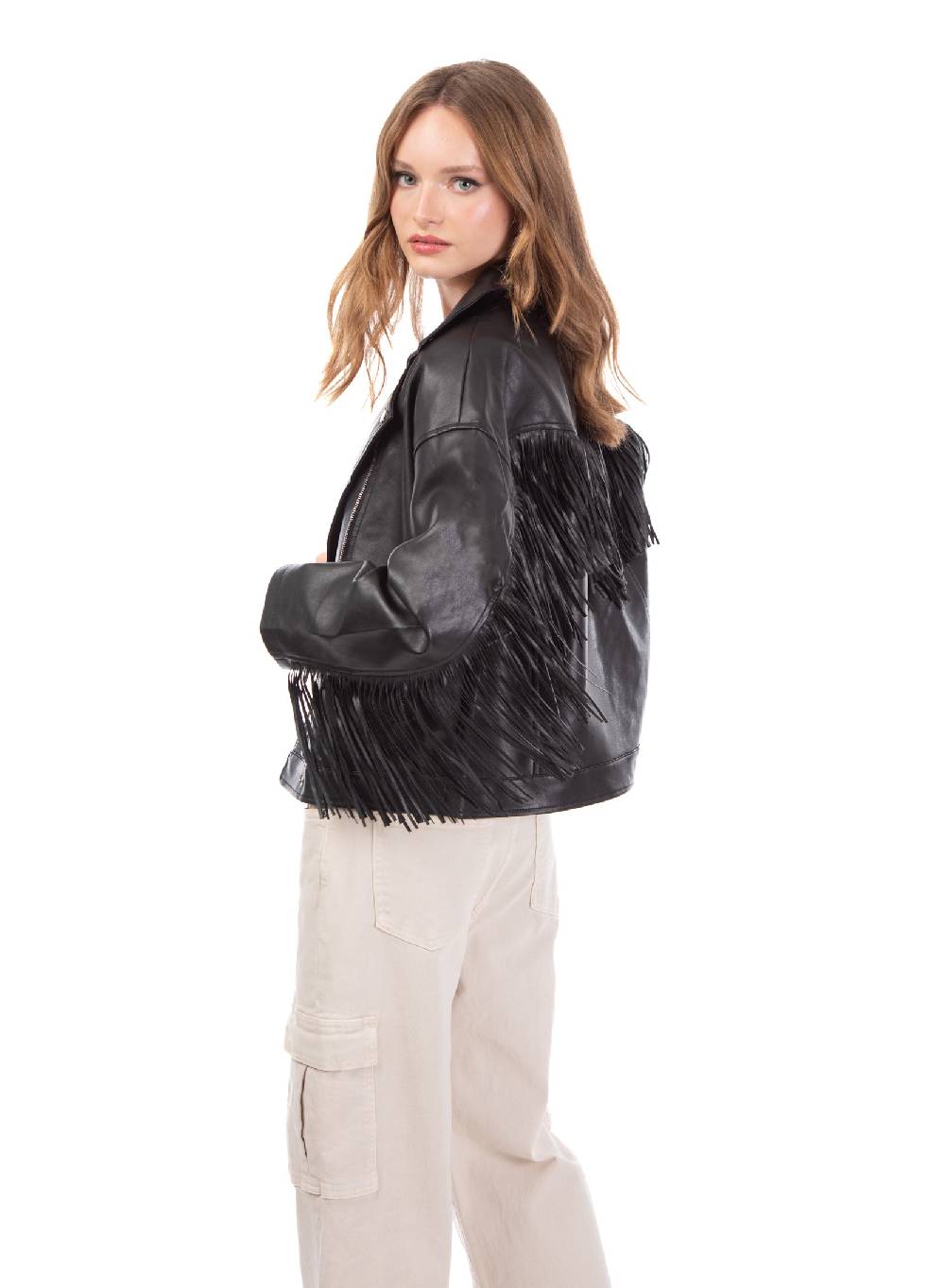 Le Volière Giacca oversize in ecopelle nera con frange In Linea