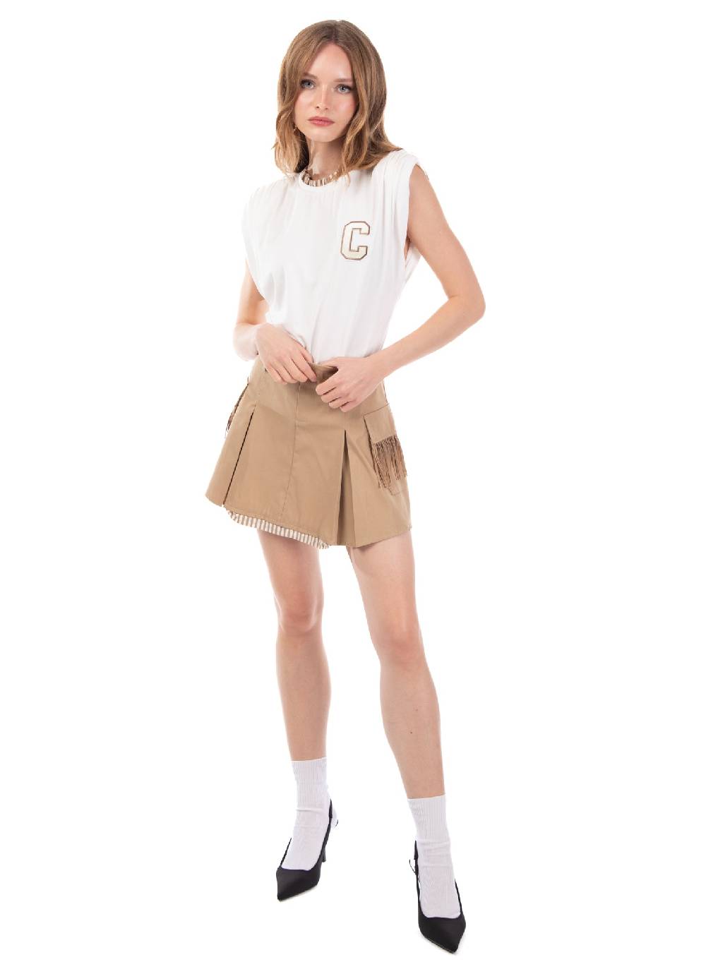 Le Volière T-shirt bianca con spalline arricciate Nuovo