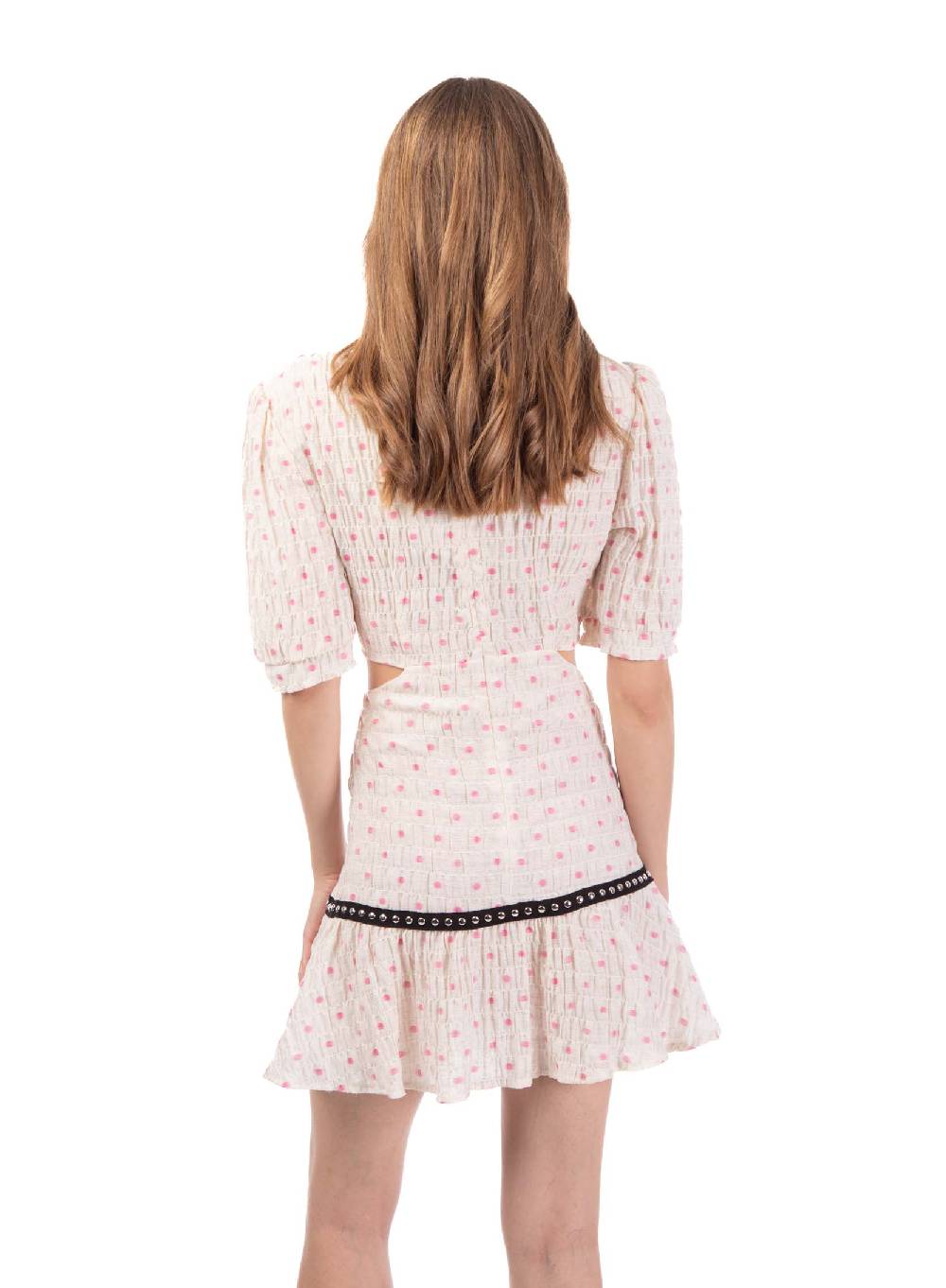 Le Volière Vestito crepon avorio con pois rosa Qualità