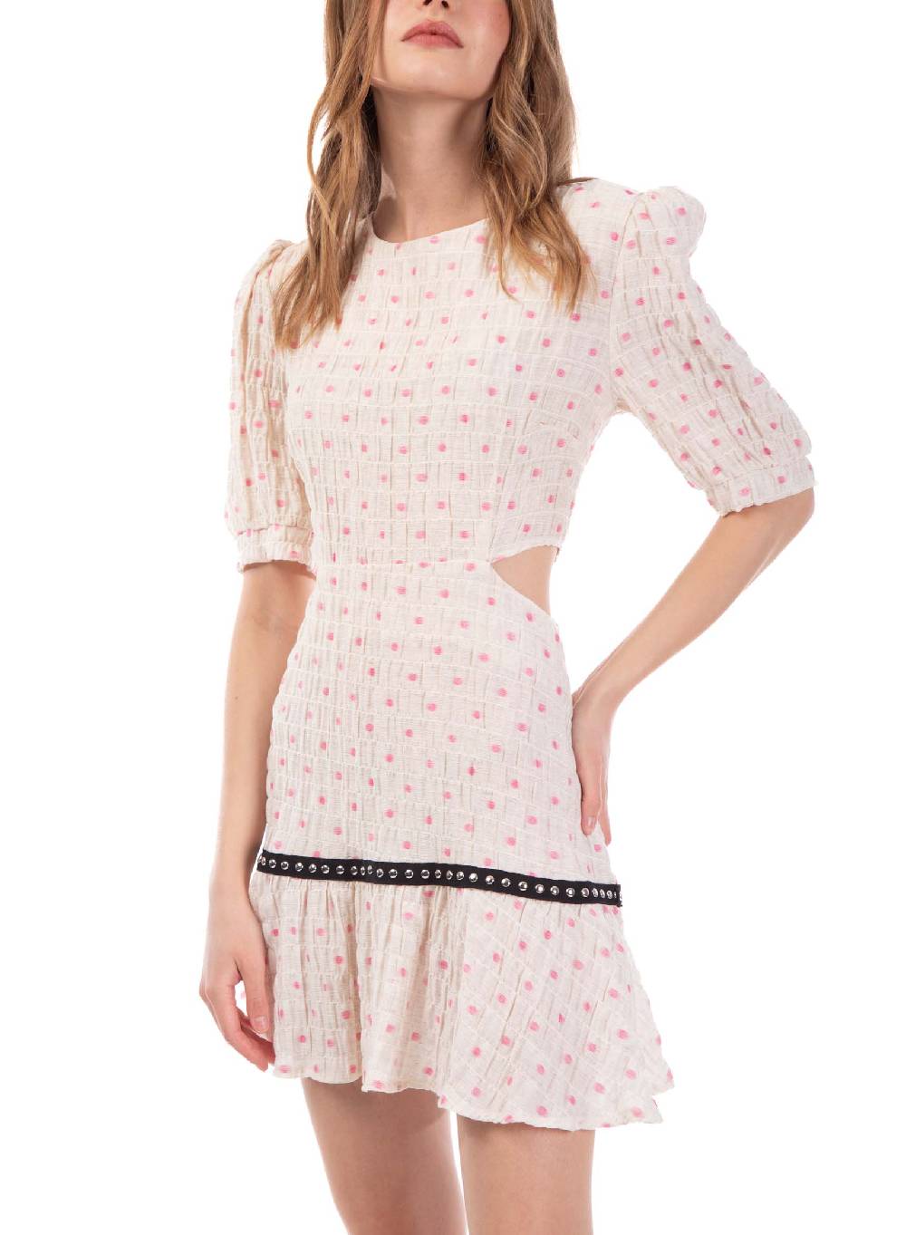 Le Volière Vestito crepon avorio con pois rosa Qualità