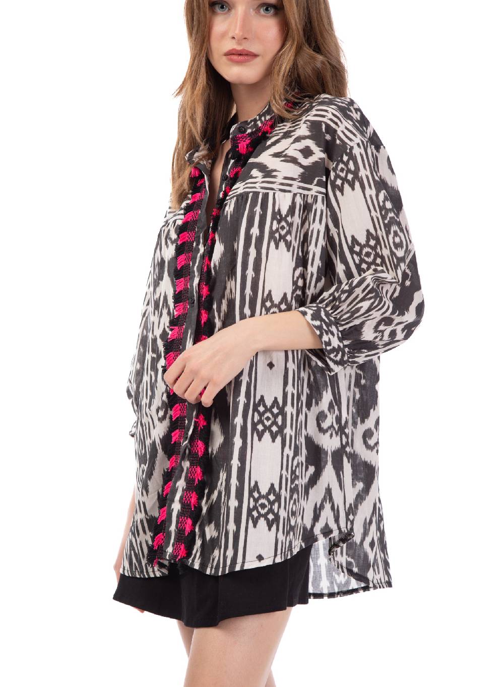 Le Volière Camicia oversize etnica con frange