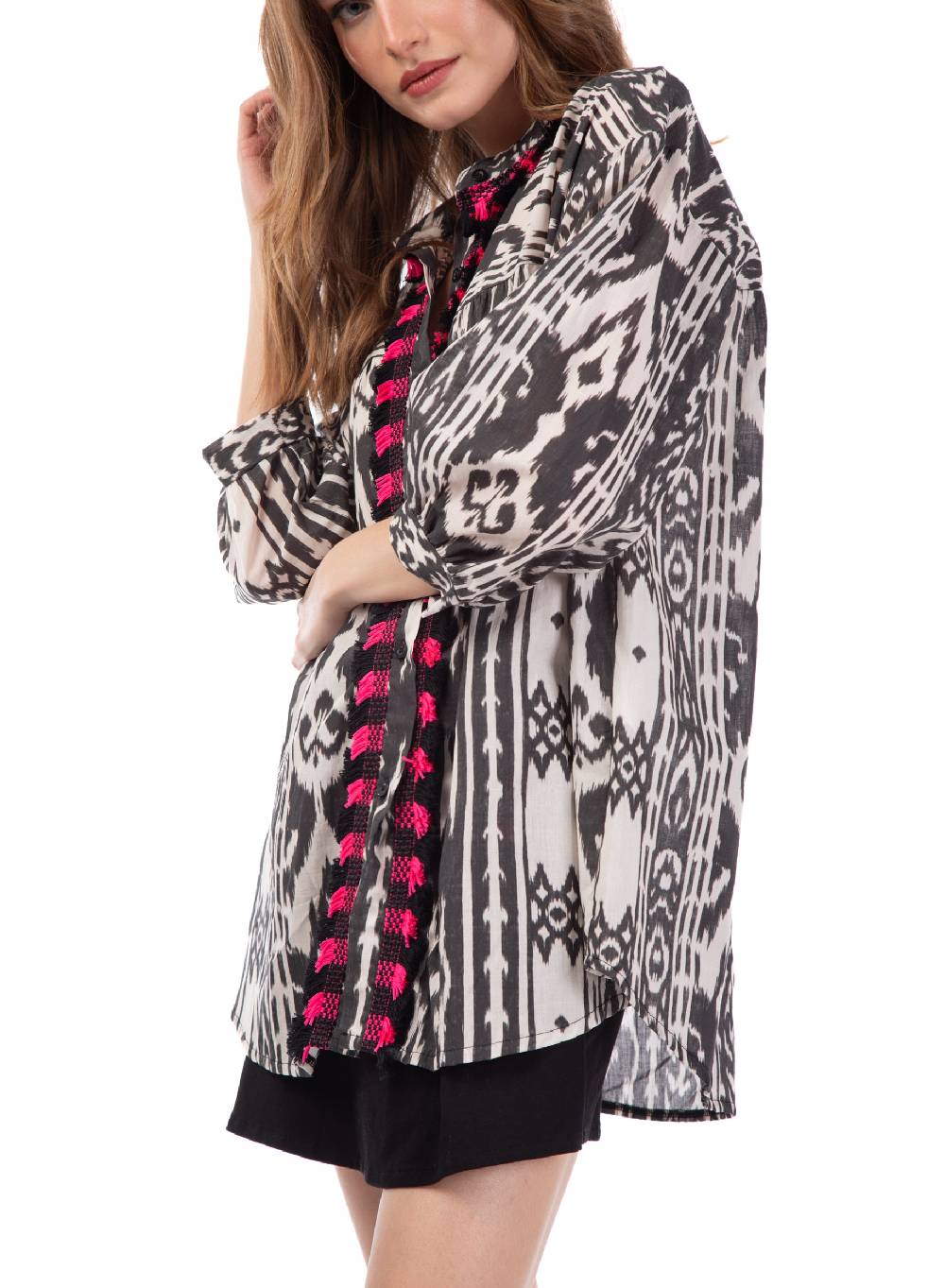 Le Volière Camicia oversize etnica con frange Qualità Garantita