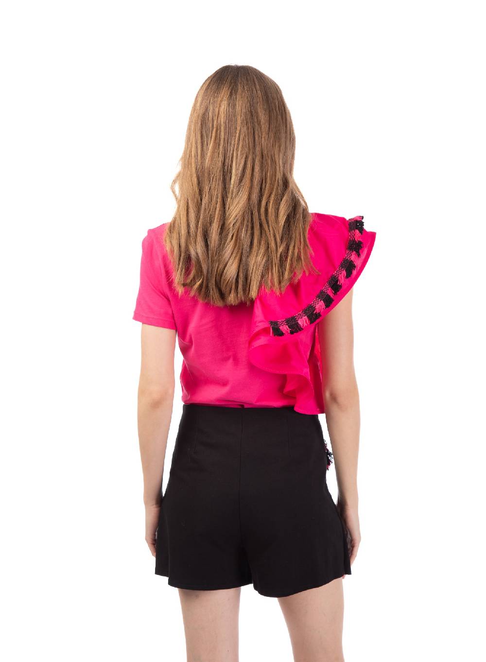 Le Volière T-shirt fucsia con volant e frange Consegna Veloce