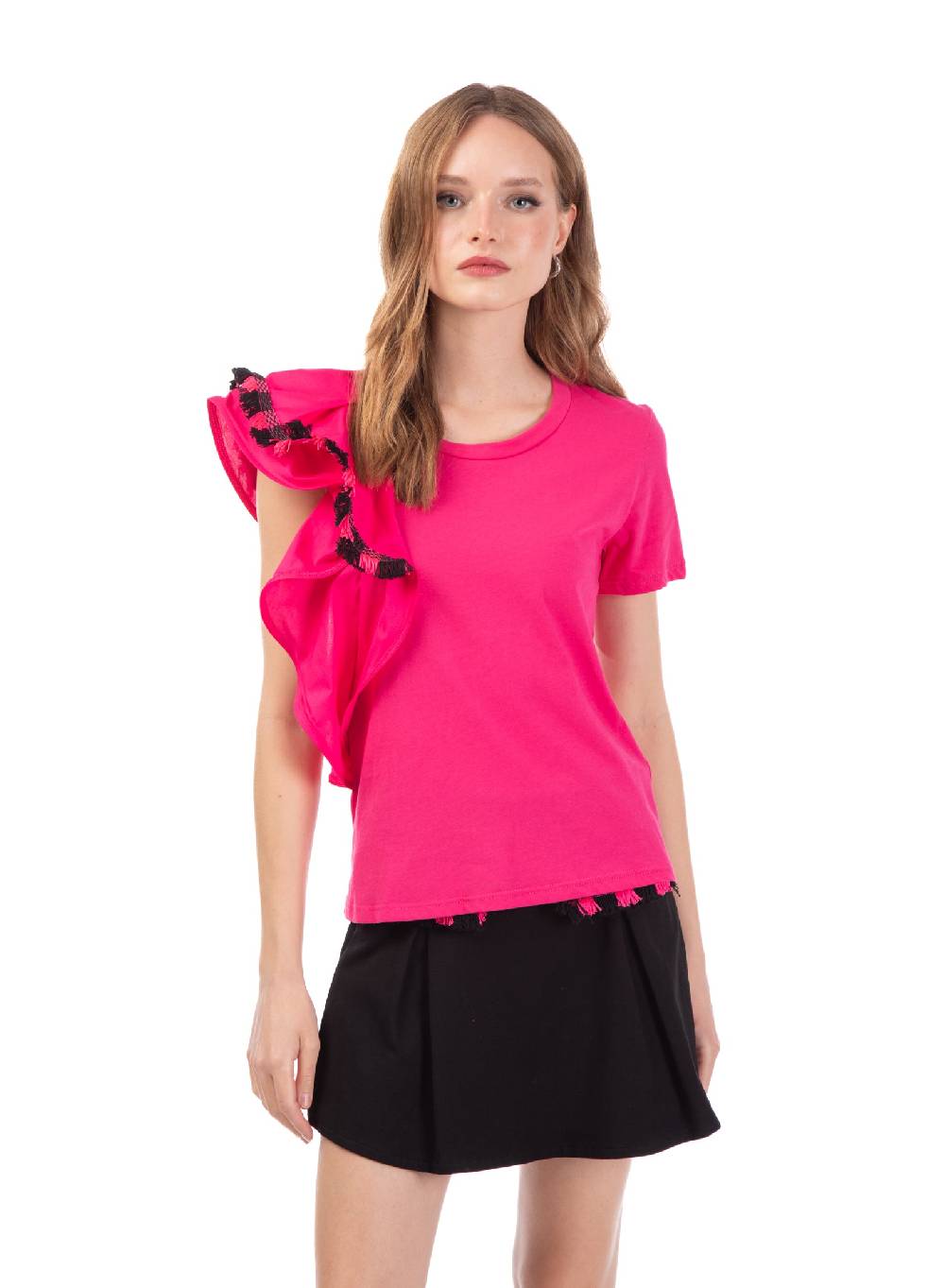 Le Volière T-shirt fucsia con volant e frange Consegna Veloce