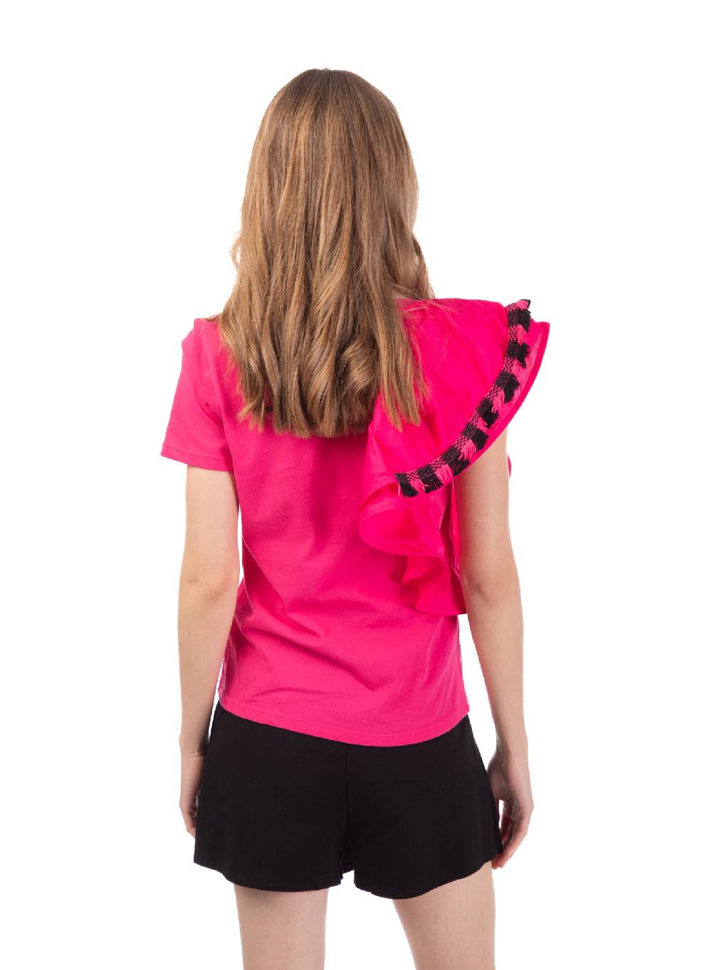Le Volière T-shirt fucsia con volant e frange Consegna Veloce