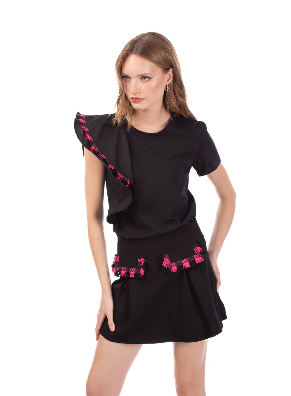 Le Volière T-shirt nera con volant e frange Fino Al -60%