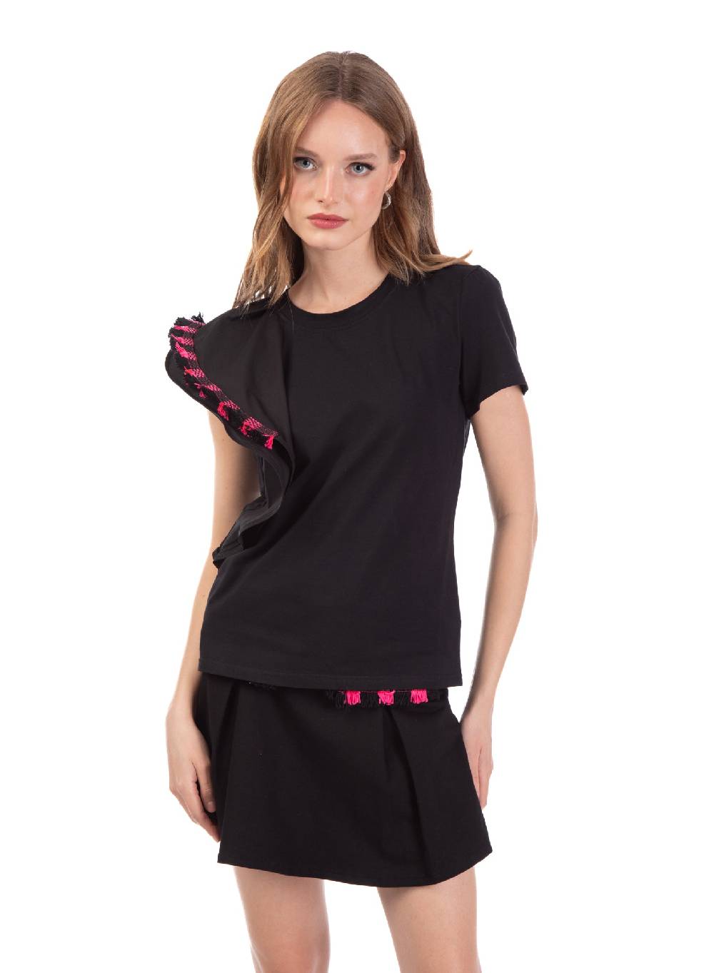 Le Volière T-shirt nera con volant e frange Fino Al -60%
