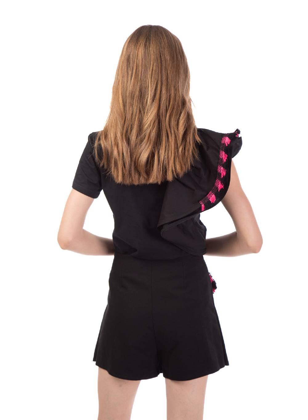Le Volière T-shirt nera con volant e frange Fino Al -60%