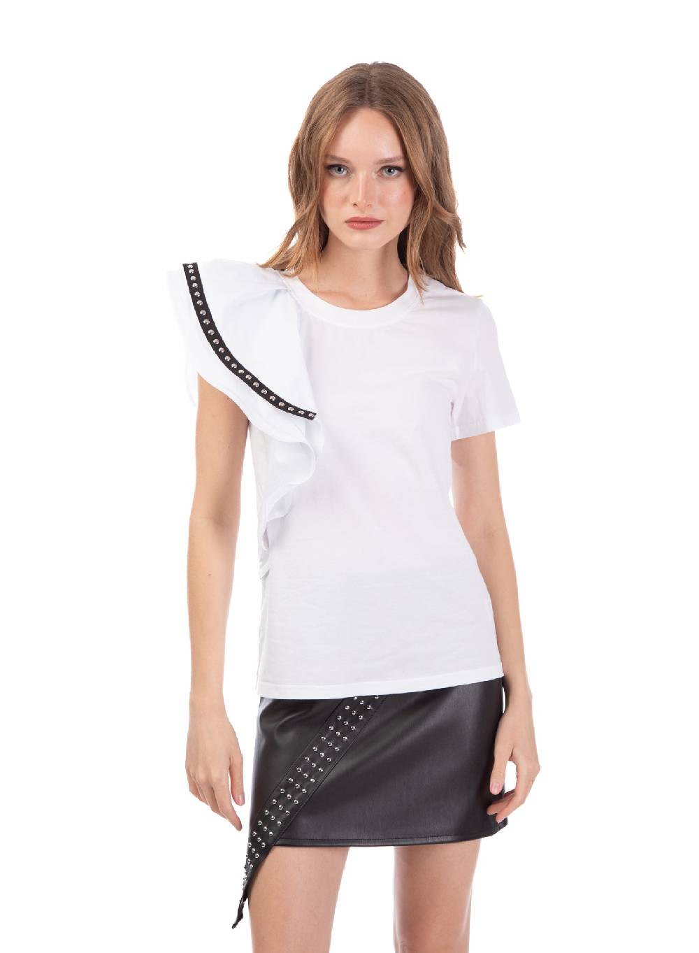 Le Volière T-shirt bianca con volant e borchie Sottocosto