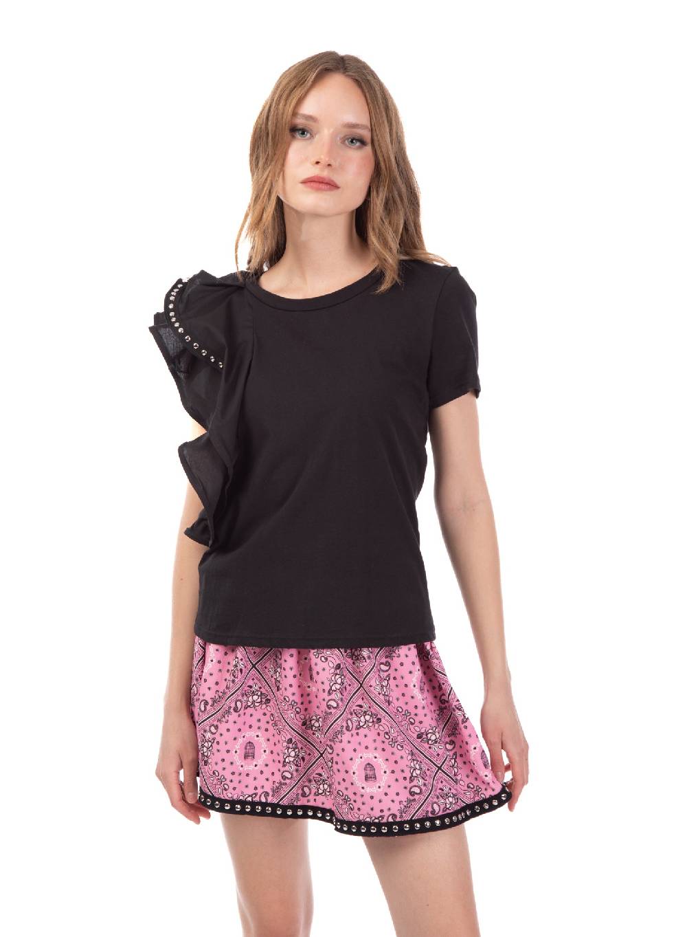 Le Volière T-shirt nera con volant e borchie Novità