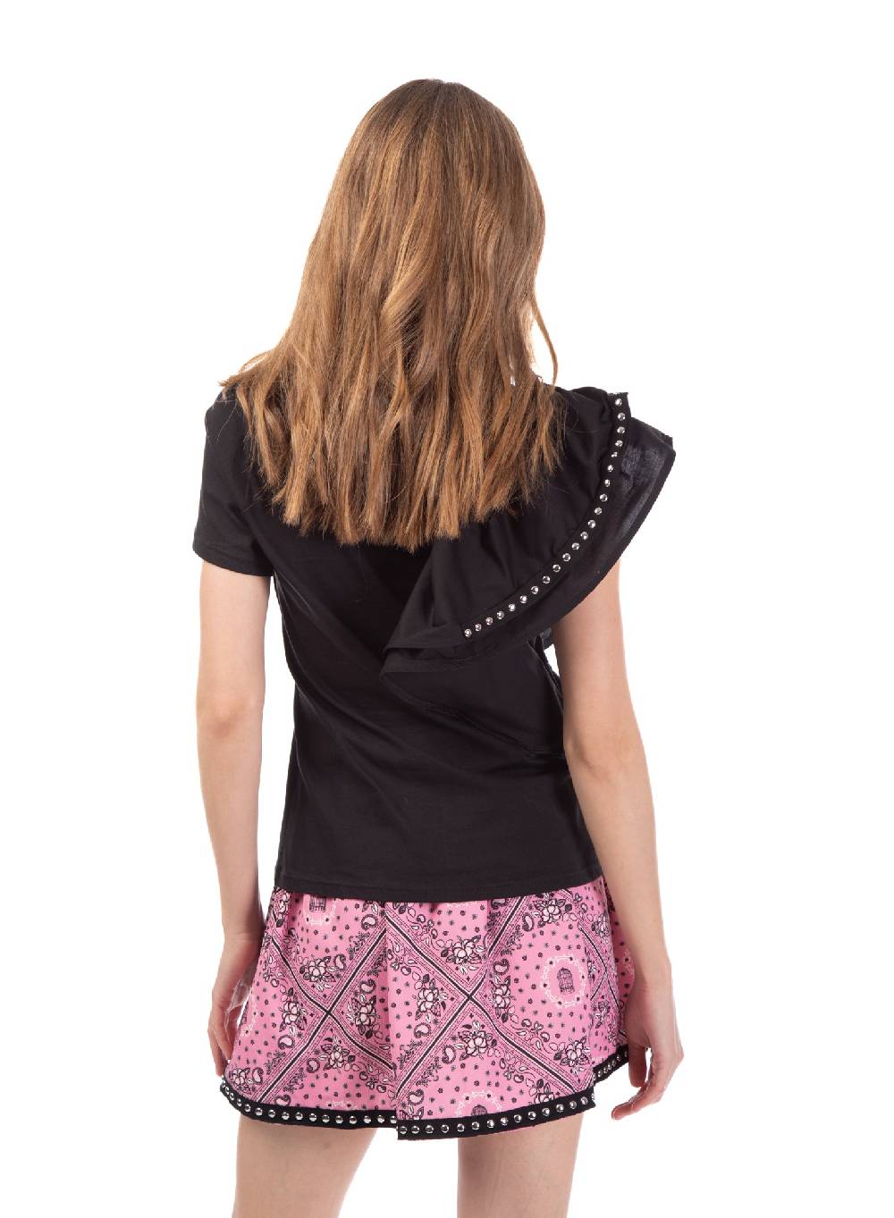 Le Volière T-shirt nera con volant e borchie Novità