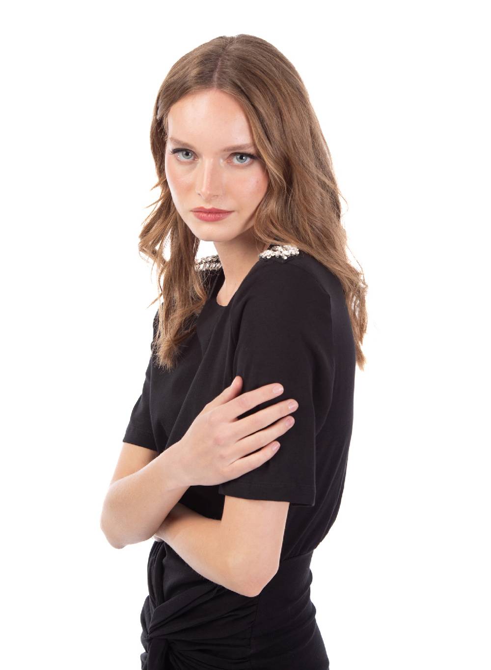 Le Volière Vestito in jersey nero con strass Outlet