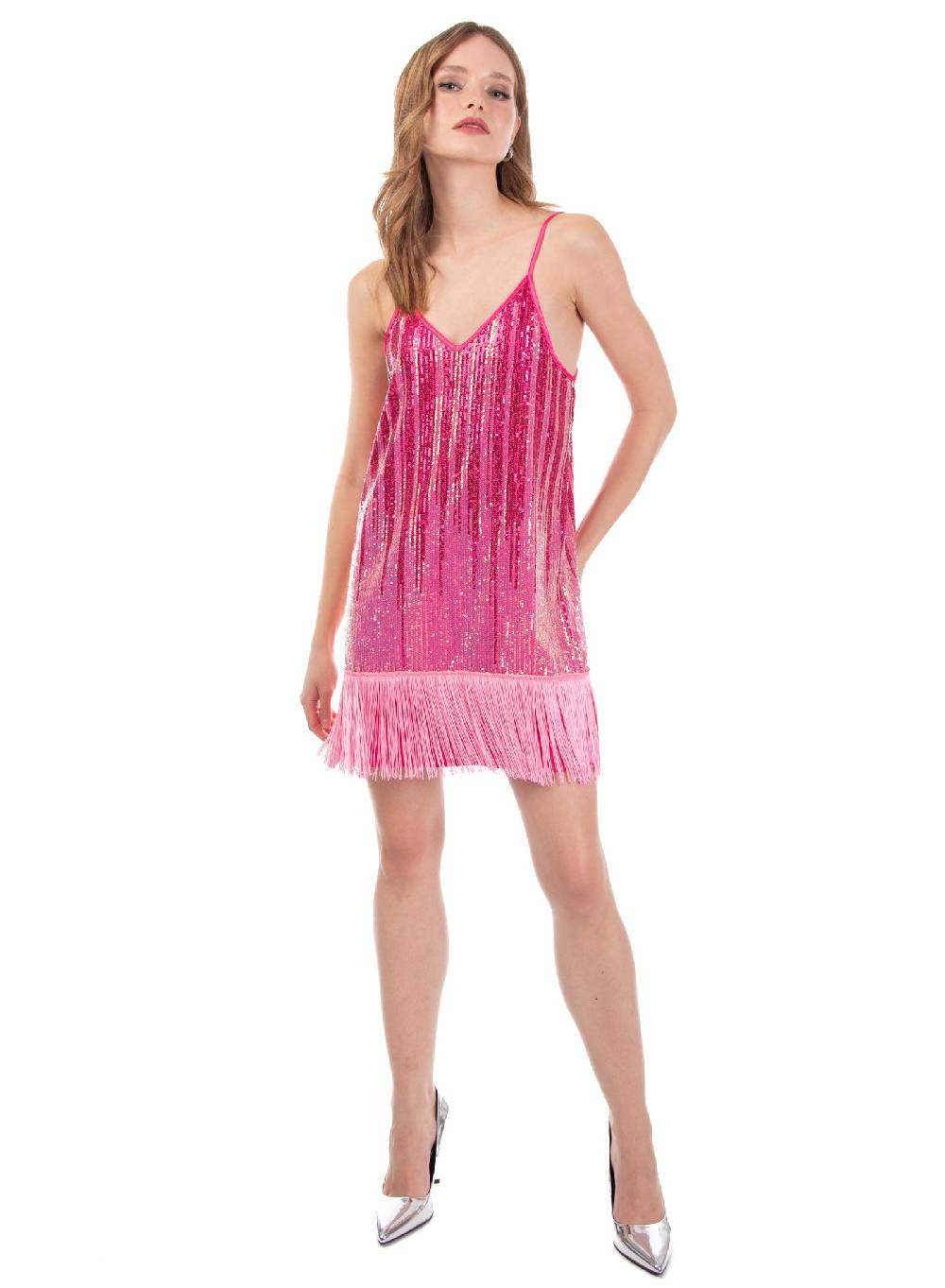 Le Volière Vestito di paillettes degradè con frange Saldi Di Fabbrica