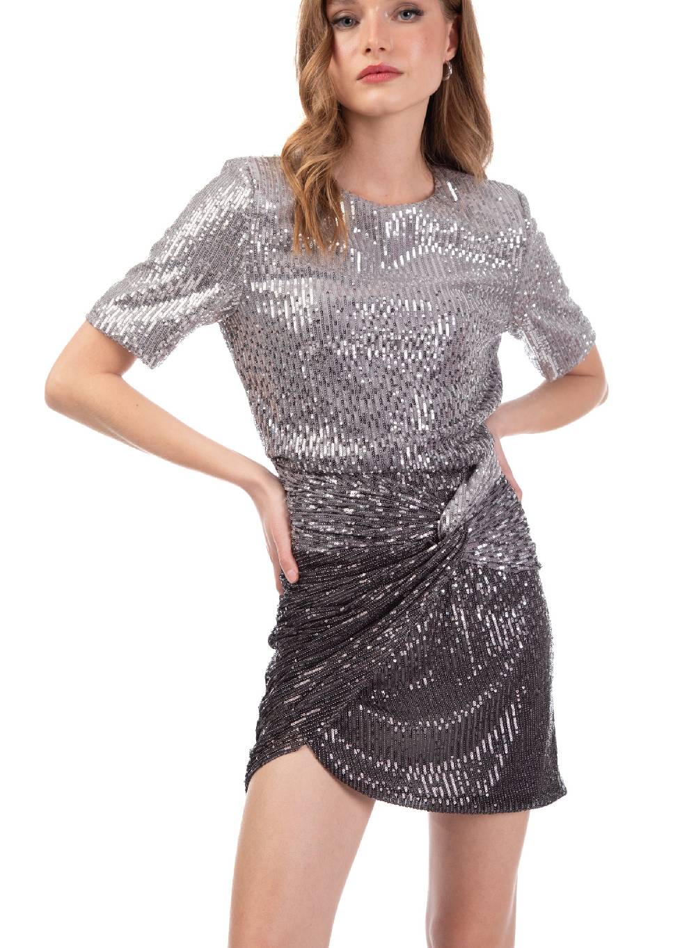 Le Volière Vestito di paillettes argento degradè Nuovo