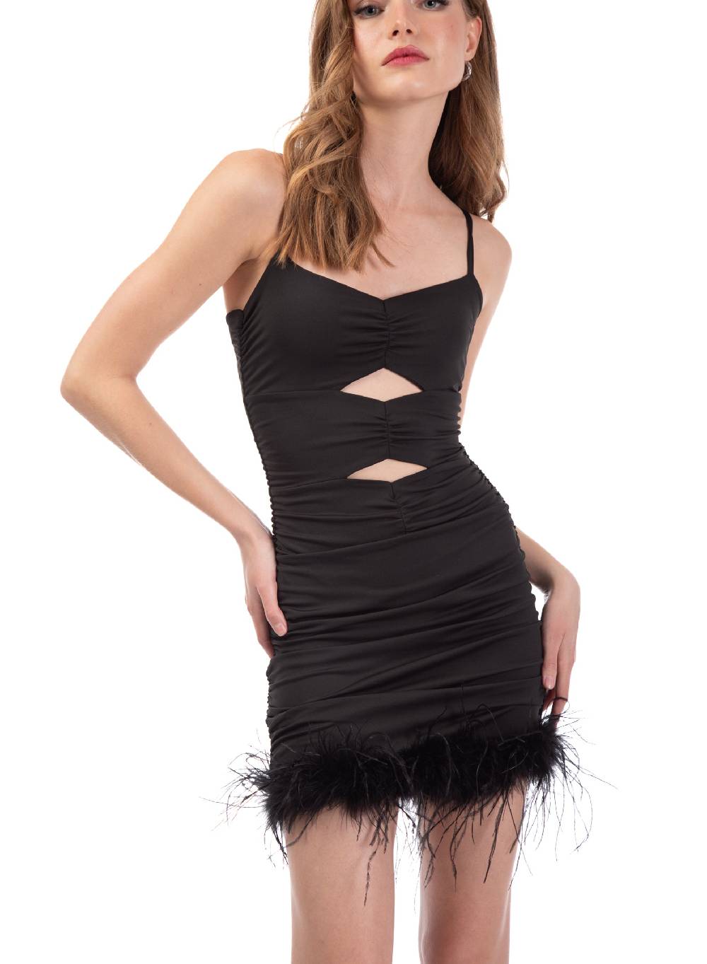 Le Volière Vestito elasticizzato nero con piume Soddisfazione Garantita