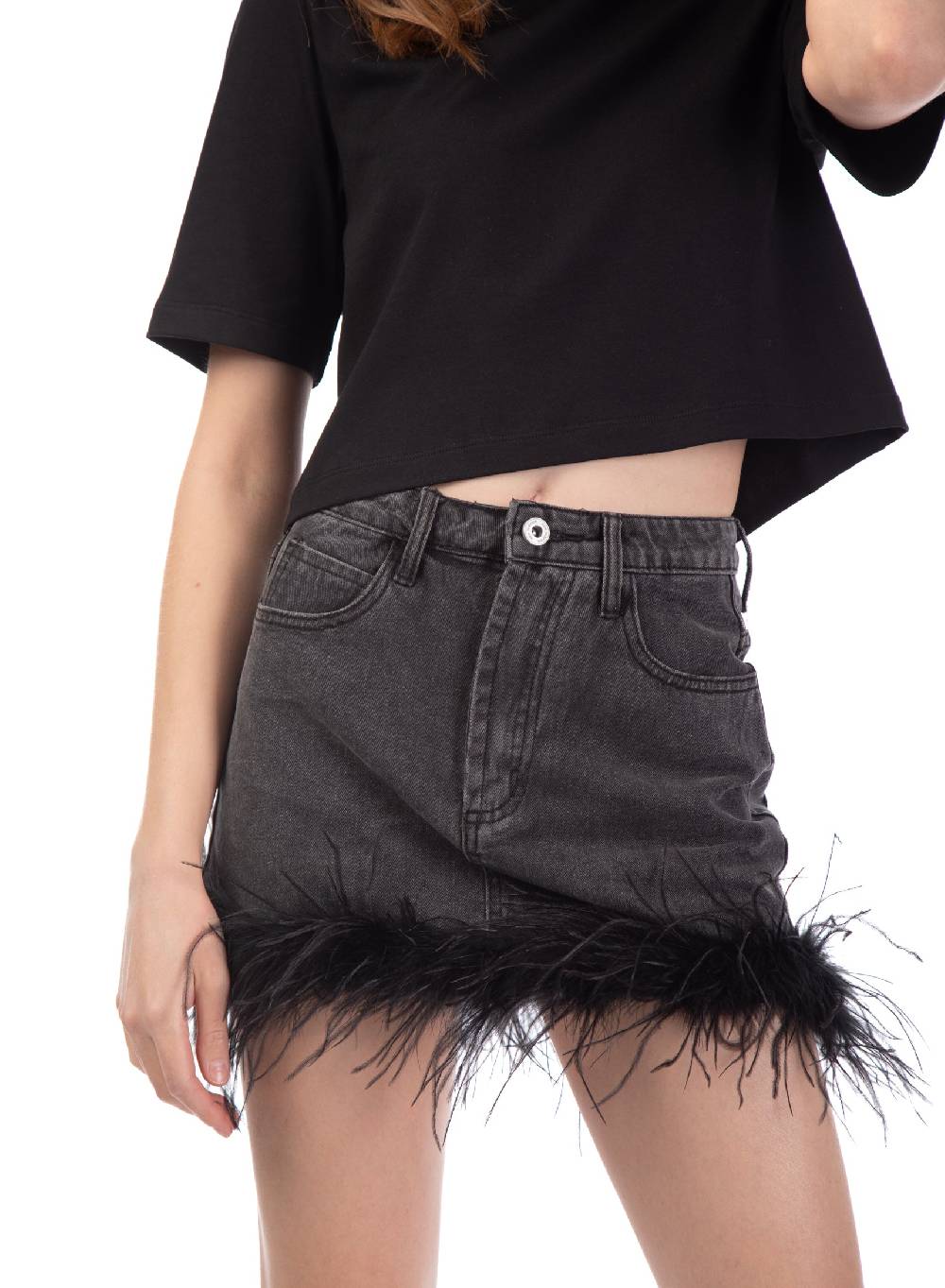 Le Volière gonna in denim grigia con piume Qualità Garantita