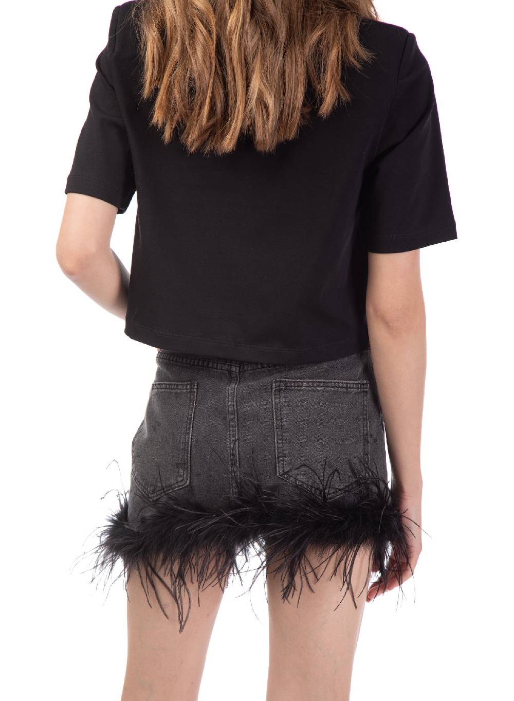 Le Volière gonna in denim grigia con piume Qualità Garantita